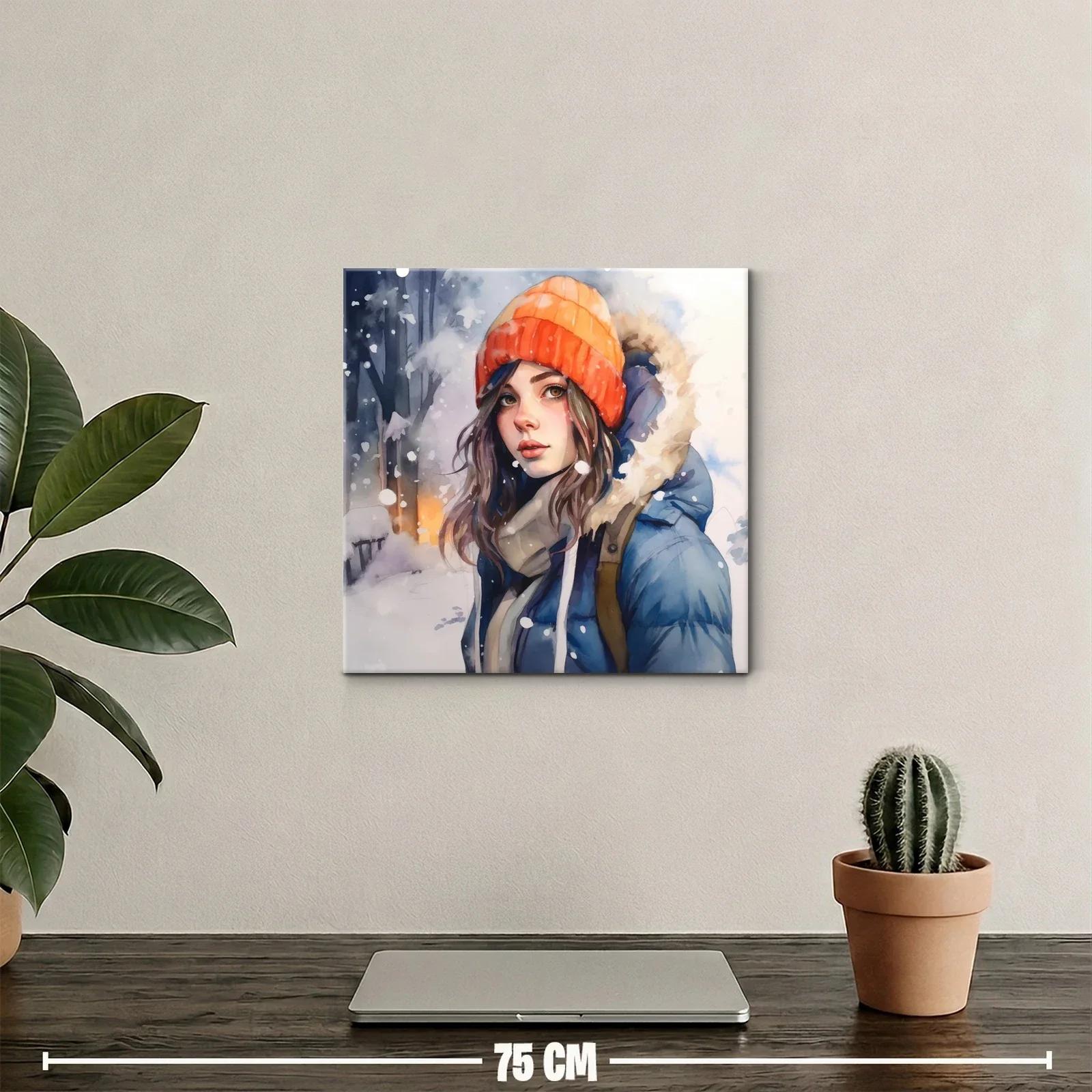 Retrato femenino invernal con gorro naranja y abrigo azul — miniatura 2