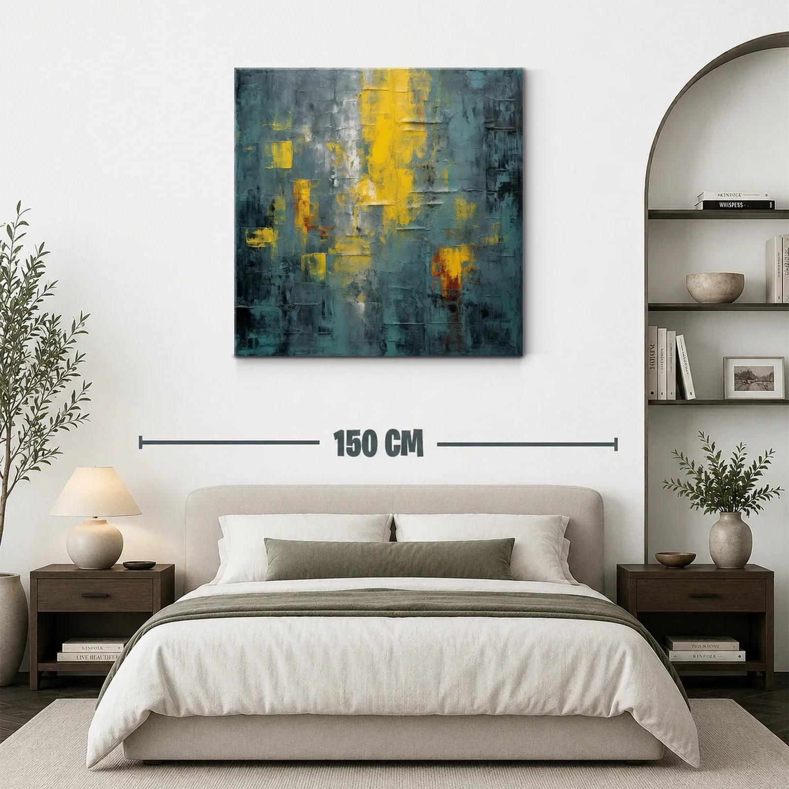 Cuadro abstracto con tonos amarillos y gris azul oscuro — miniatura 3