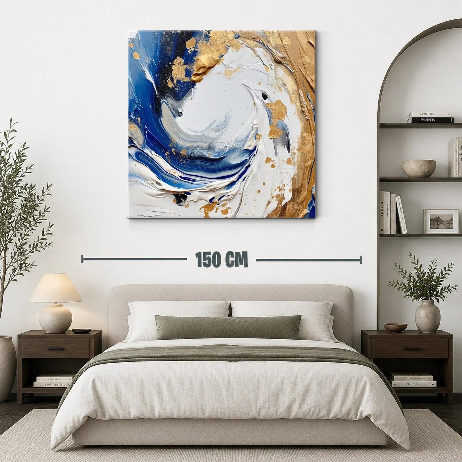 Cuadro abstracto en tonos azules y dorados con textura — miniatura 3