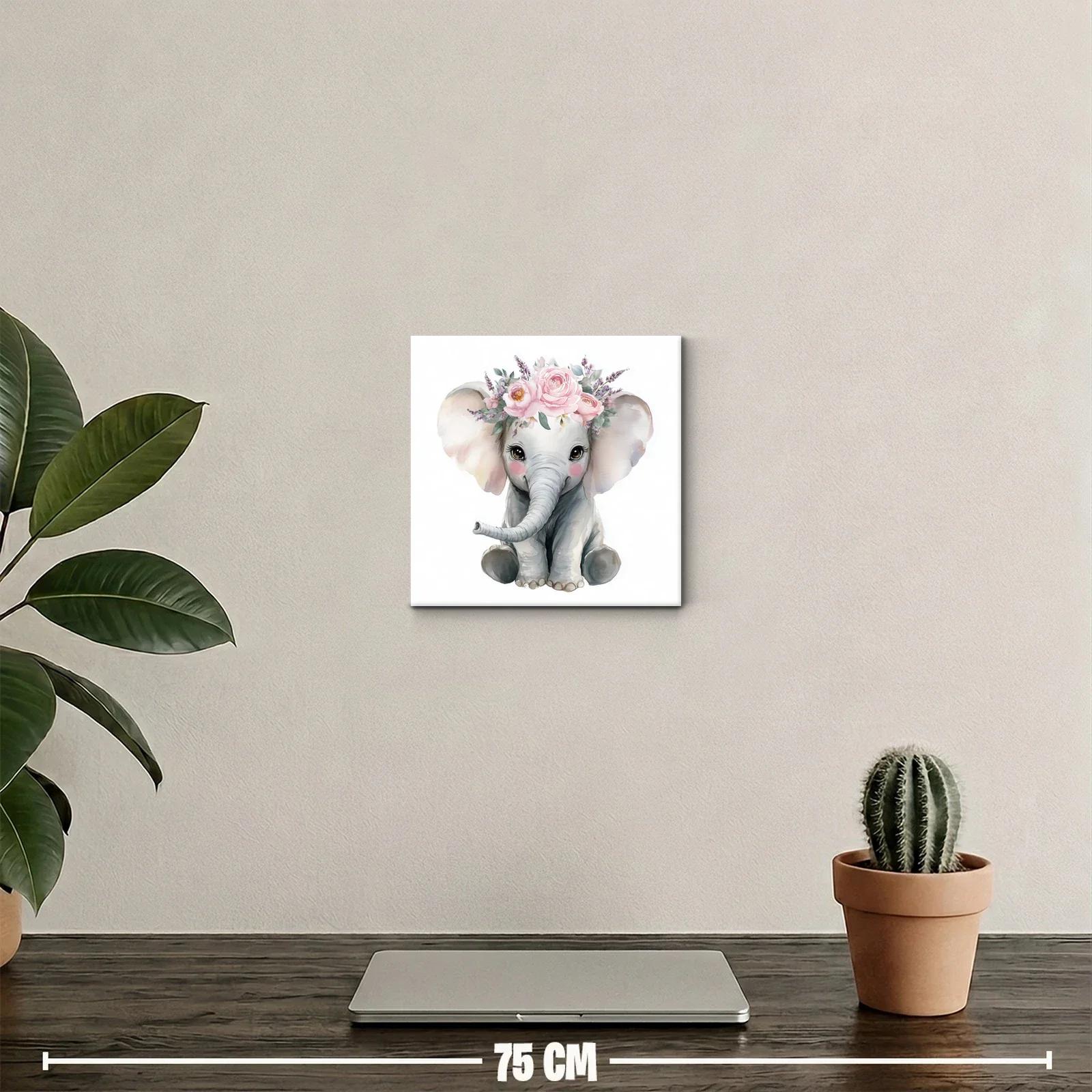 Cuadro elefante bebé con corona de flores rosa delicada — miniatura 2