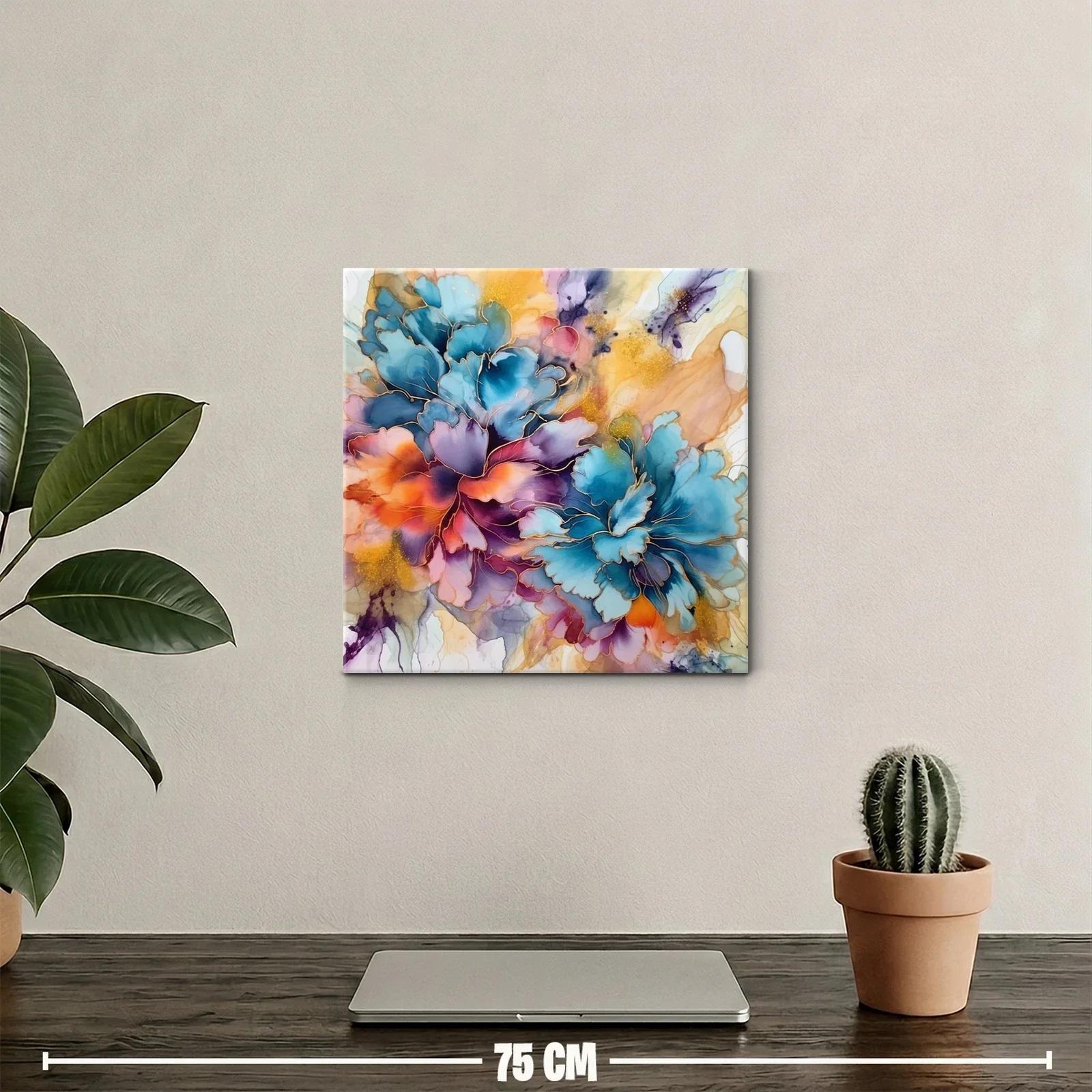 Cuadro floral vibrante con tonos azul y naranja intensos — miniatura 2
