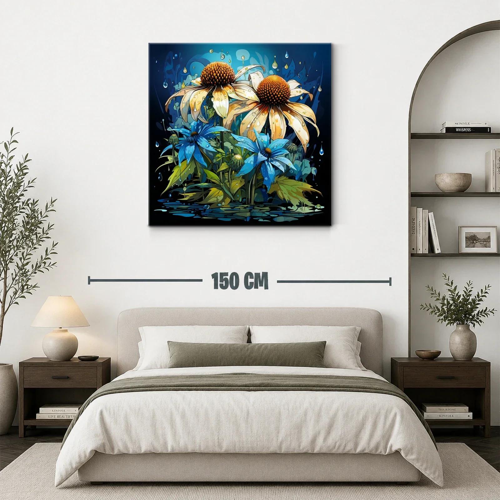 Flores vibrantes con gotas sobre fondo azul oscuro — miniatura 3