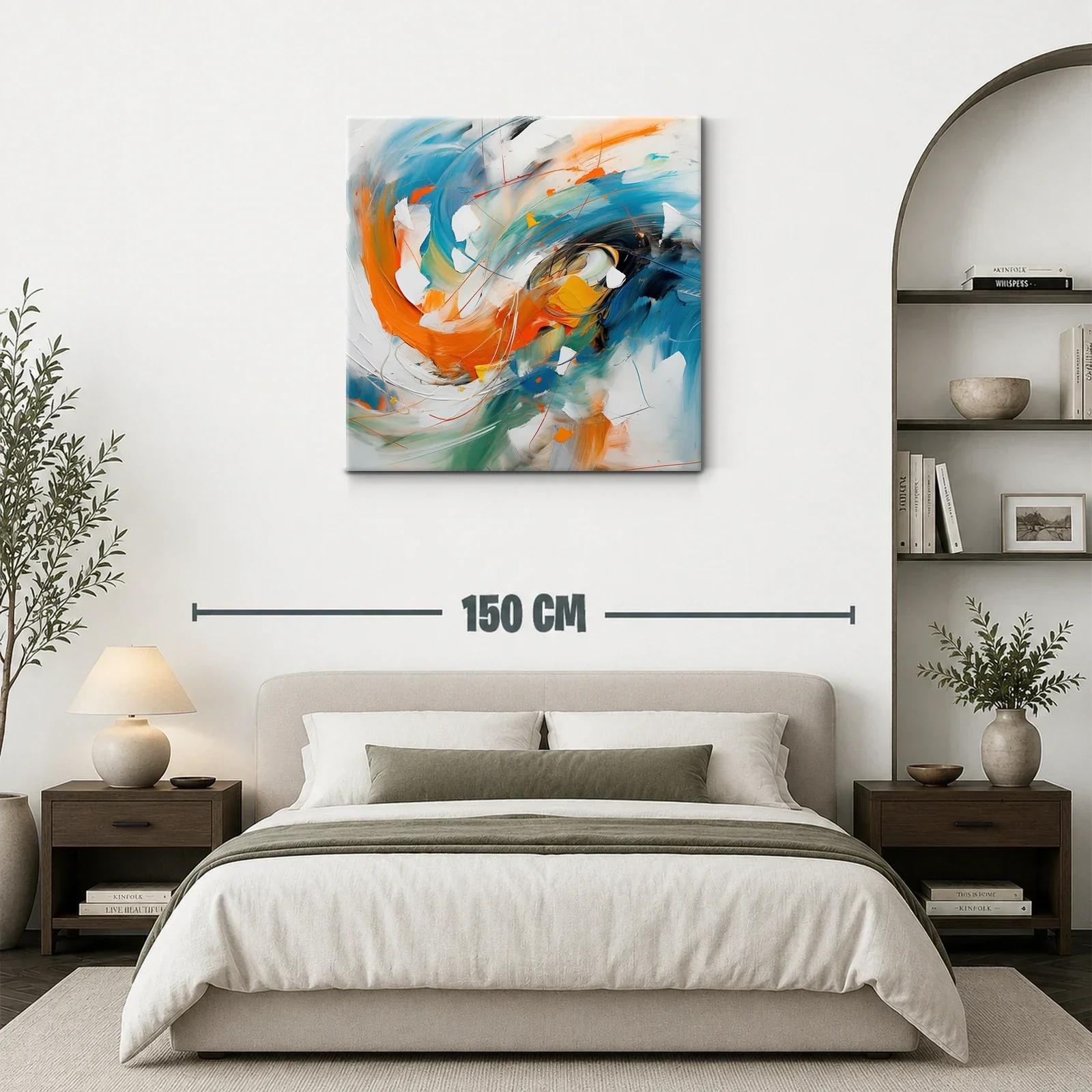 Cuadro abstracto con dinámicos tonos naranjas y azules — miniatura 3