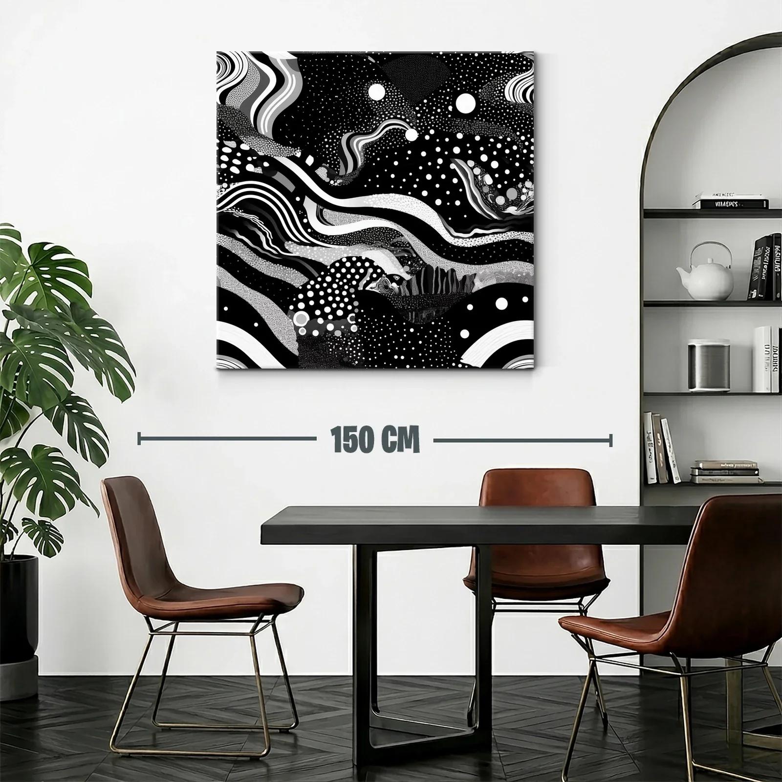 Cuadro abstracto en blanco y negro con formas y puntos dinámicos — miniatura 2