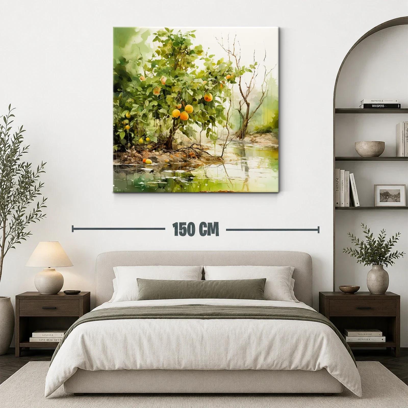 Cuadro paisaje natural con árboles y frutos en tonos verdes y naranjas — miniatura 3
