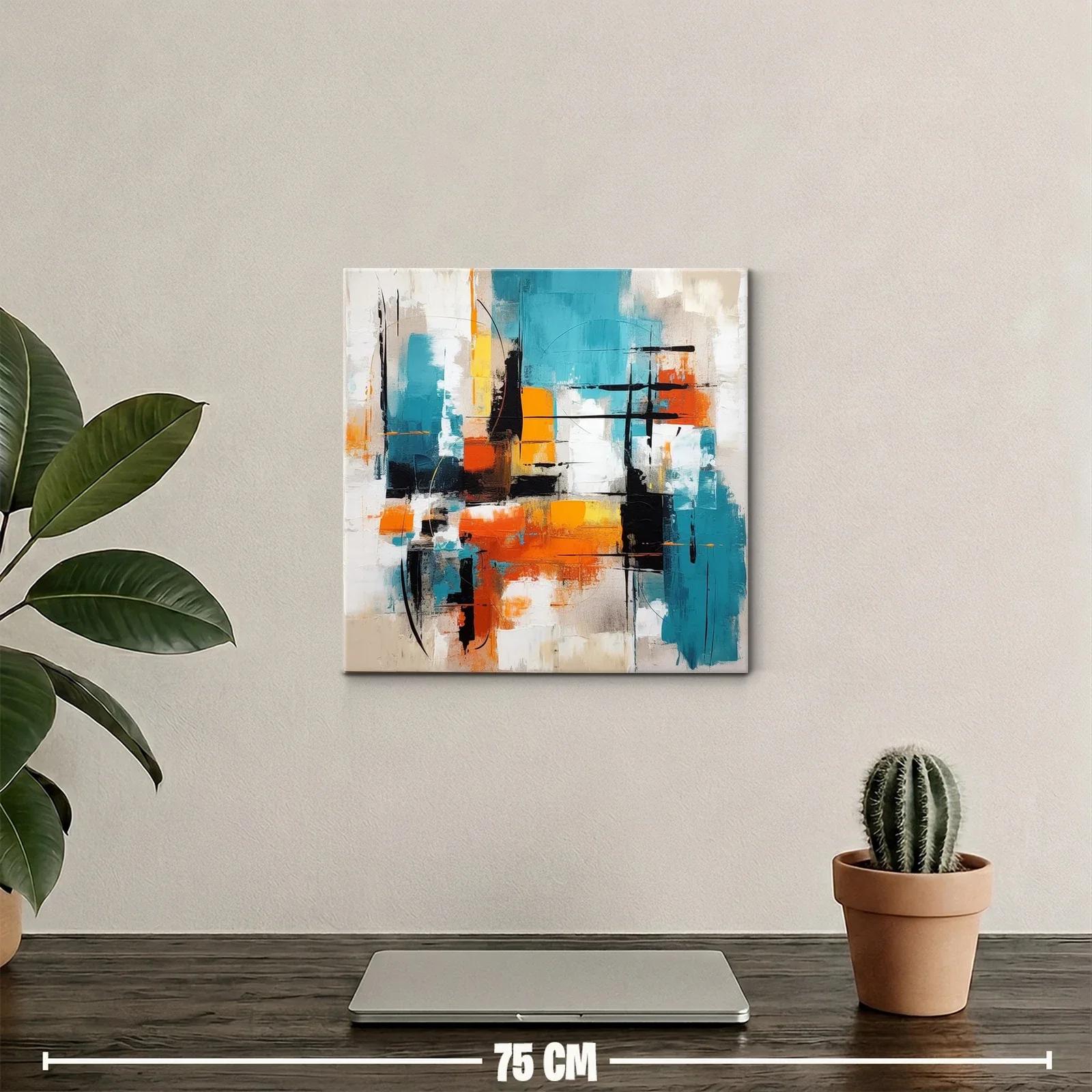 Cuadro abstracto vibrante con tonos turquesa y naranja — miniatura 2