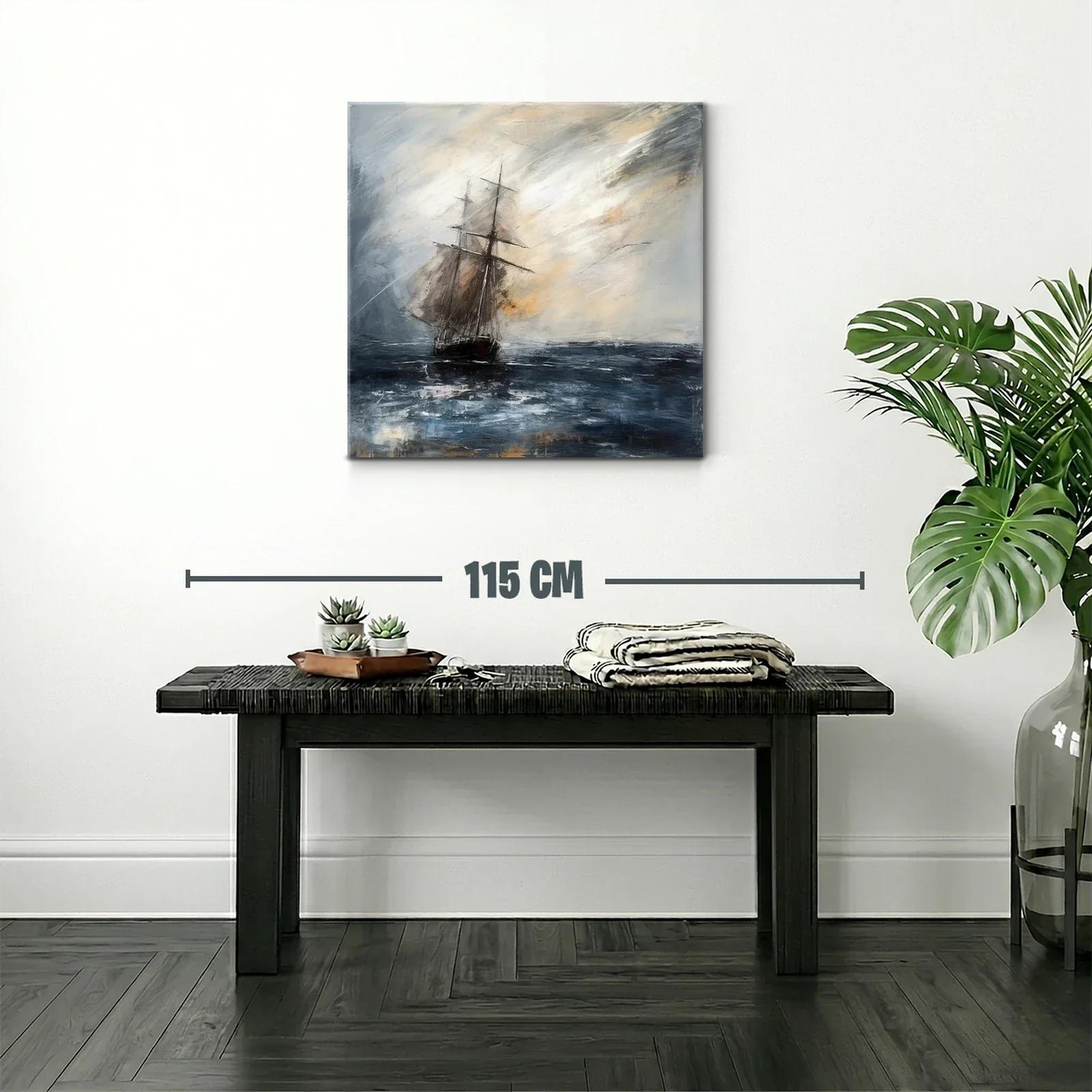 Velero en mar tempestuoso con cielo nublado y luz tenue — miniatura 2