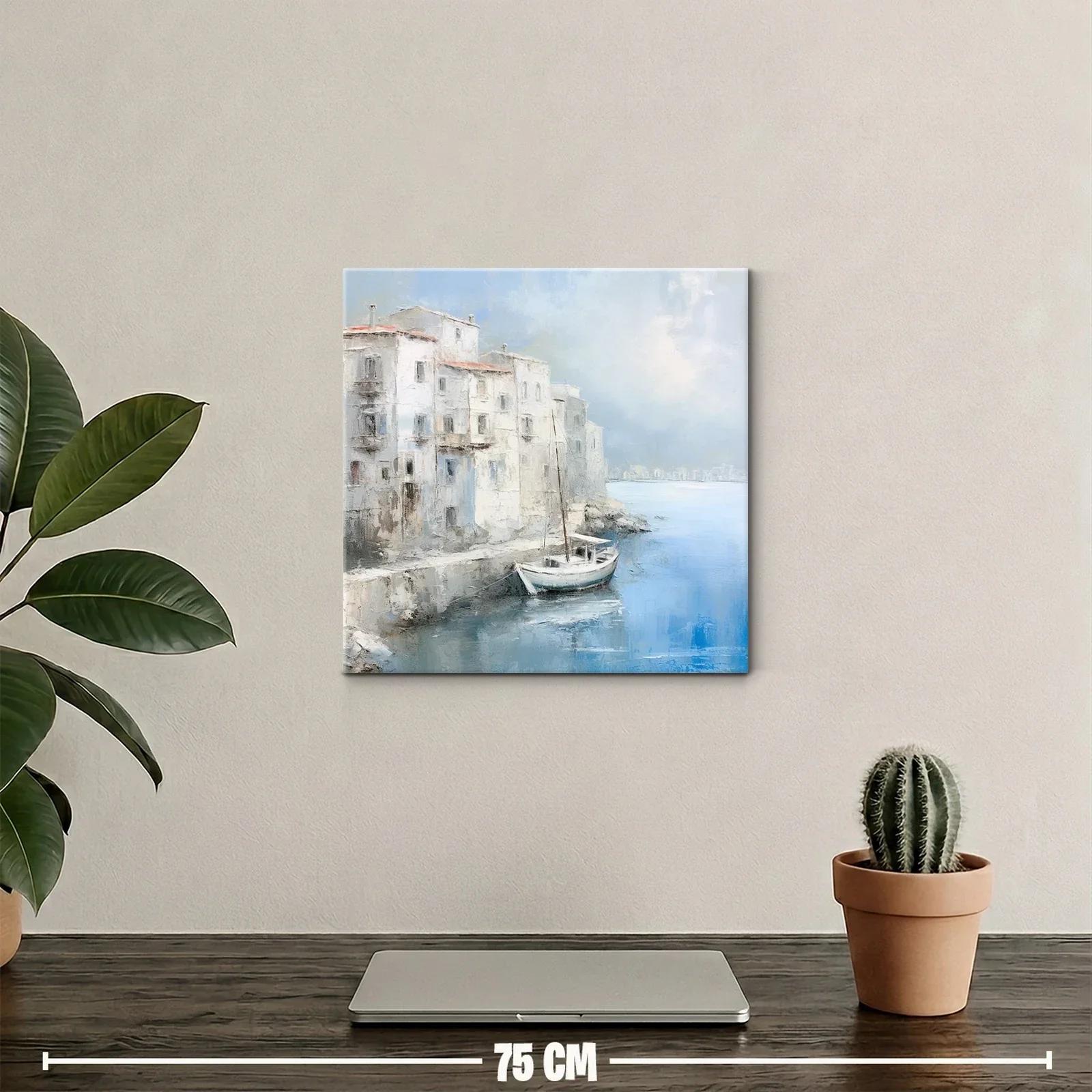 Paisaje costero sereno con barco y edificaciones antiguas — miniatura 2