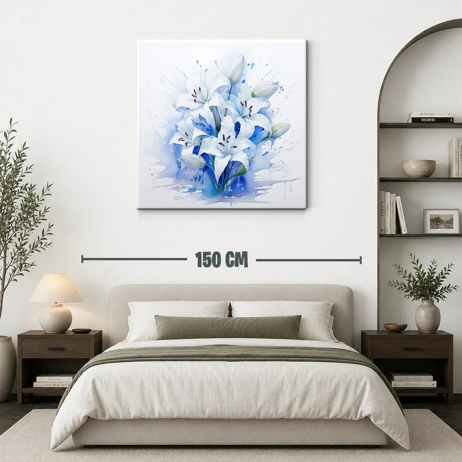 Cuadro floral con lirios blancos sobre fondo azul — miniatura 3