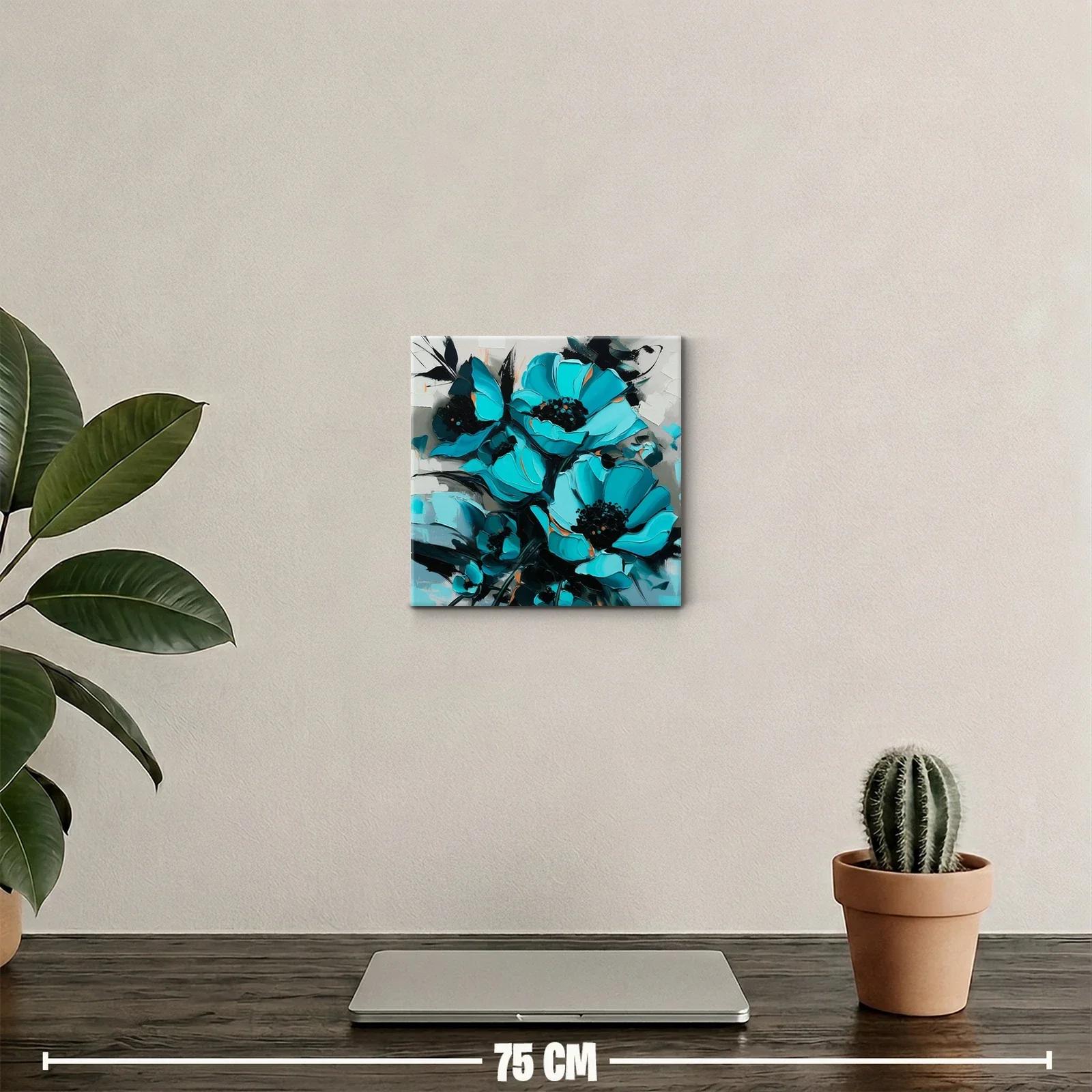 Cuadro decorativo con flores azul turquesa vibrantes y detalles oscuros — miniatura 2