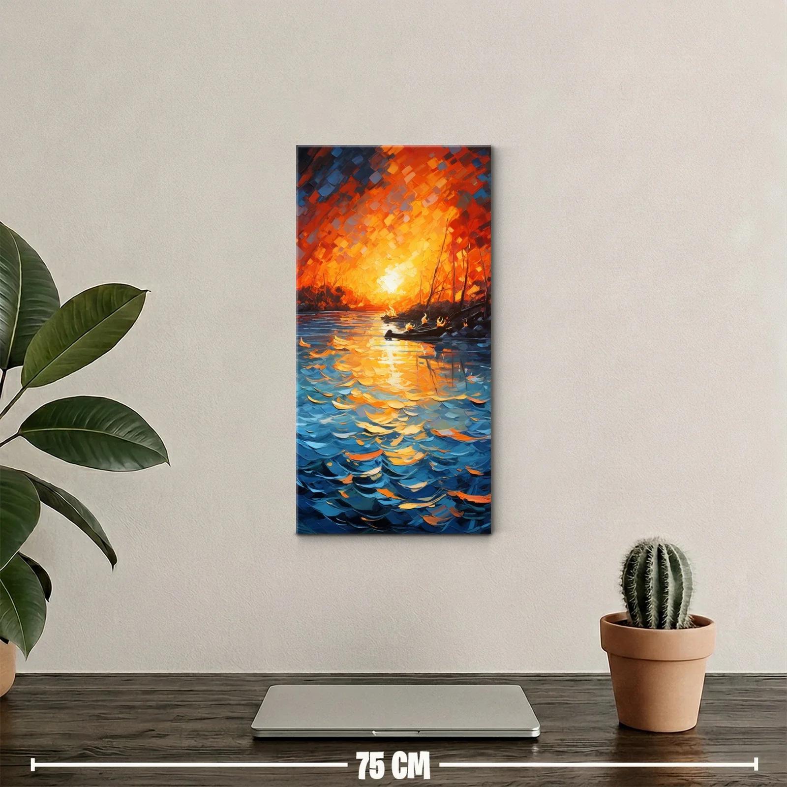 Cuadro velero al atardecer con cielo naranja y reflejos dorados — miniatura 2