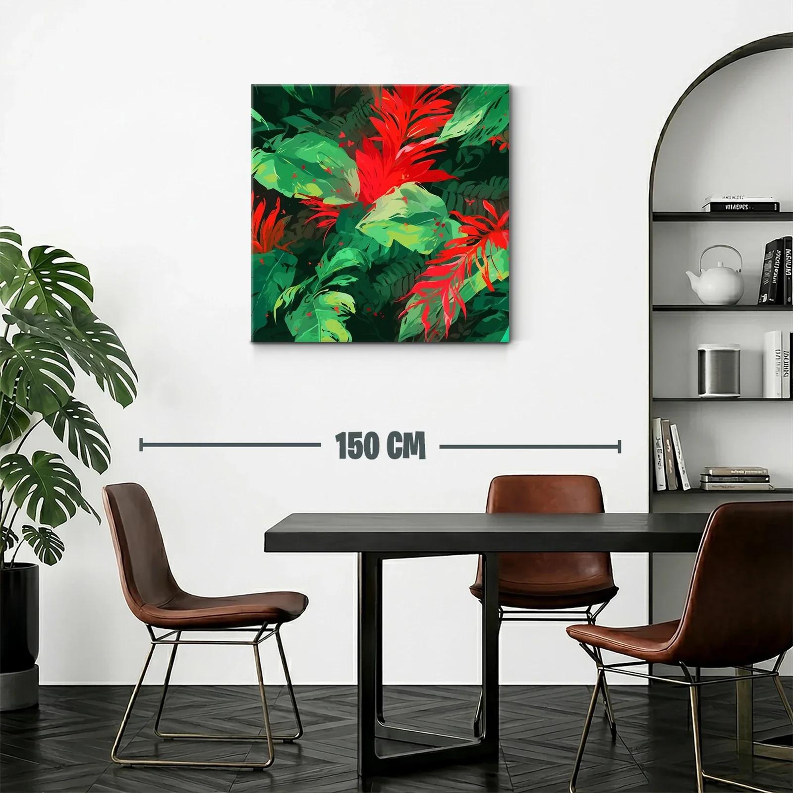 Vibrante cuadro con hojas y flores tropicales rojas y verdes — miniatura 2