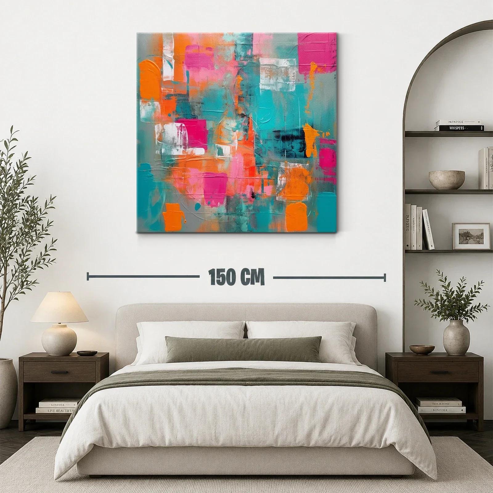 Cuadro abstracto con vibrantes tonos turquesa naranja y rosa — miniatura 3