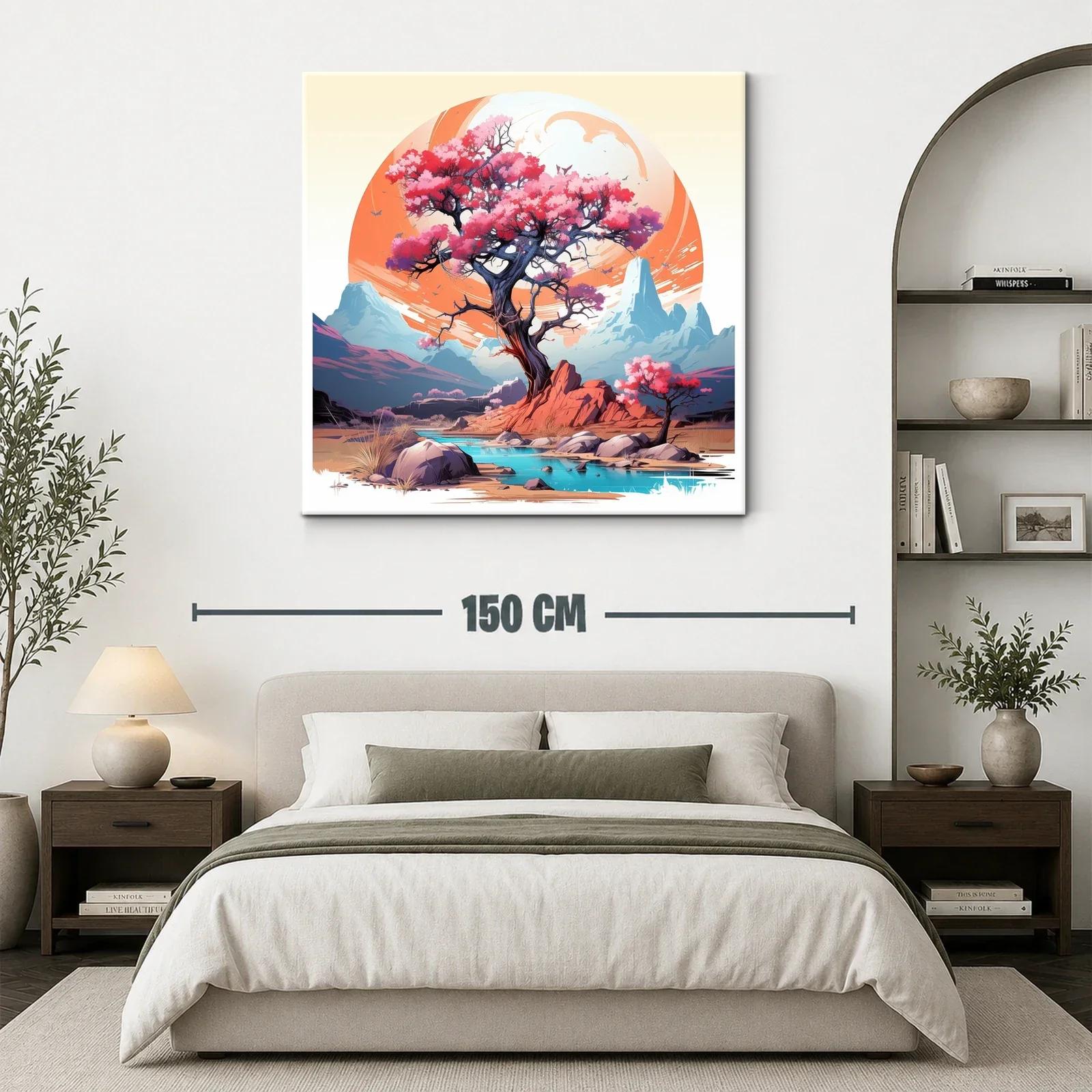 Árbol rosa en paisaje de montaña con río sereno — miniatura 3