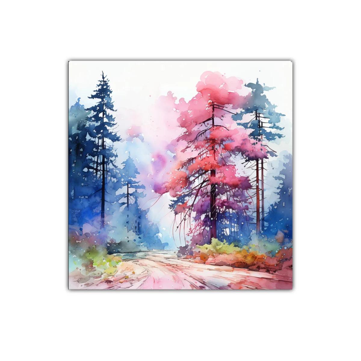 Paisaje natural con árboles vibrantes en tonos rosas y azules — miniatura 1