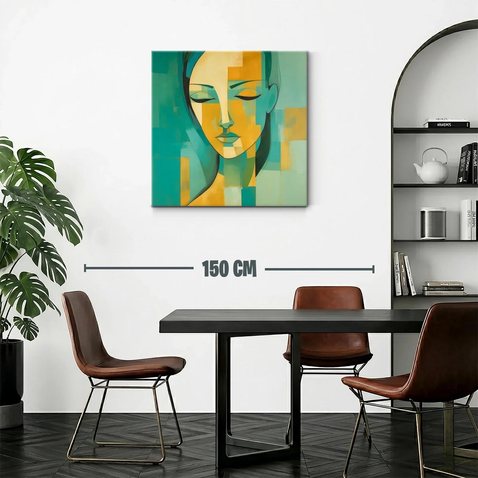 Cuadro abstracto rostro femenino en tonos verdes y amarillos — miniatura 2