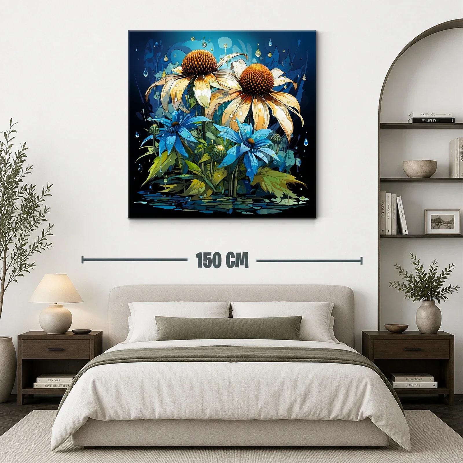 Flores vibrantes con gotas sobre fondo azul oscuro — miniatura 3