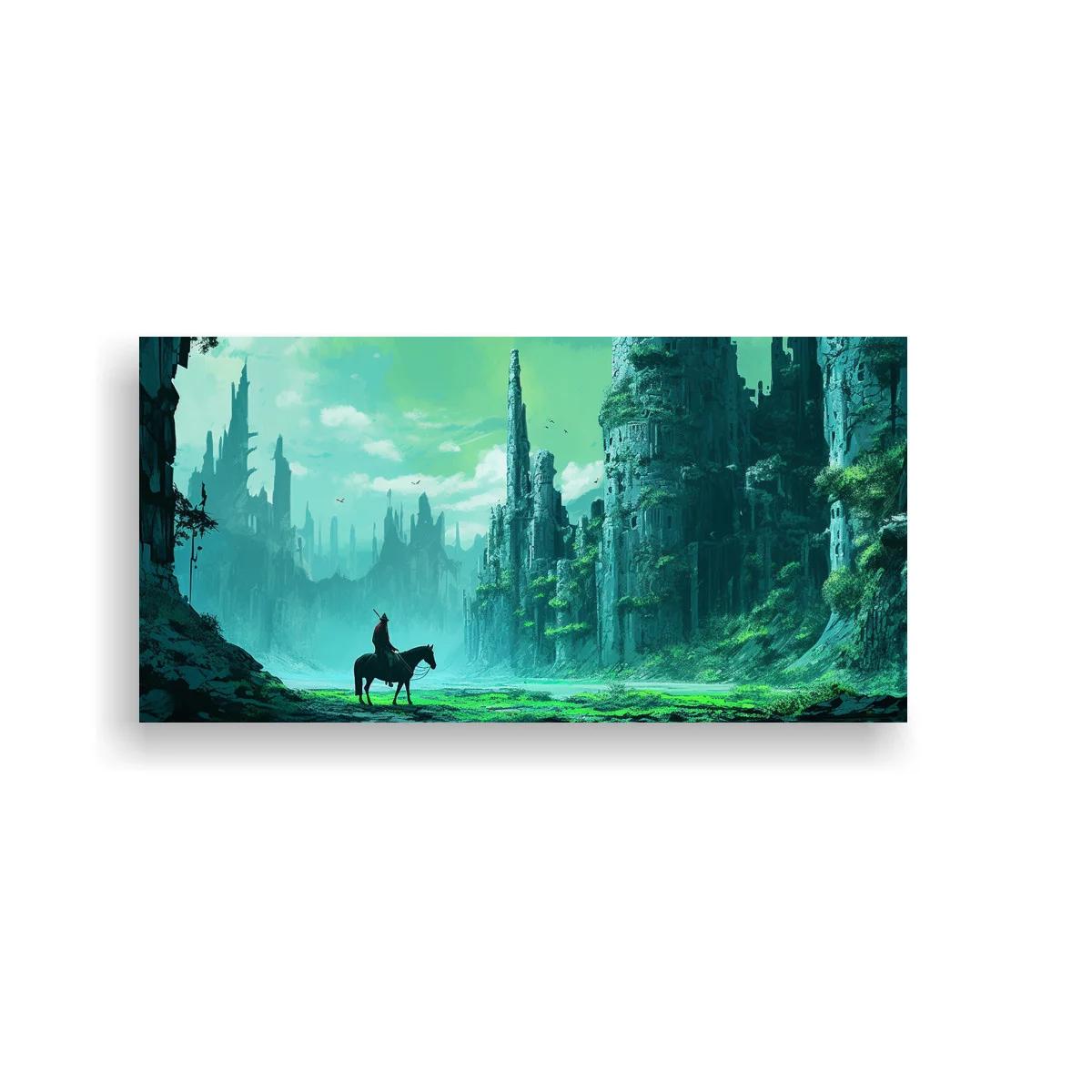Cuadro jinete a caballo en ruinas fantásticas con brillo verdiazul — imagen principal