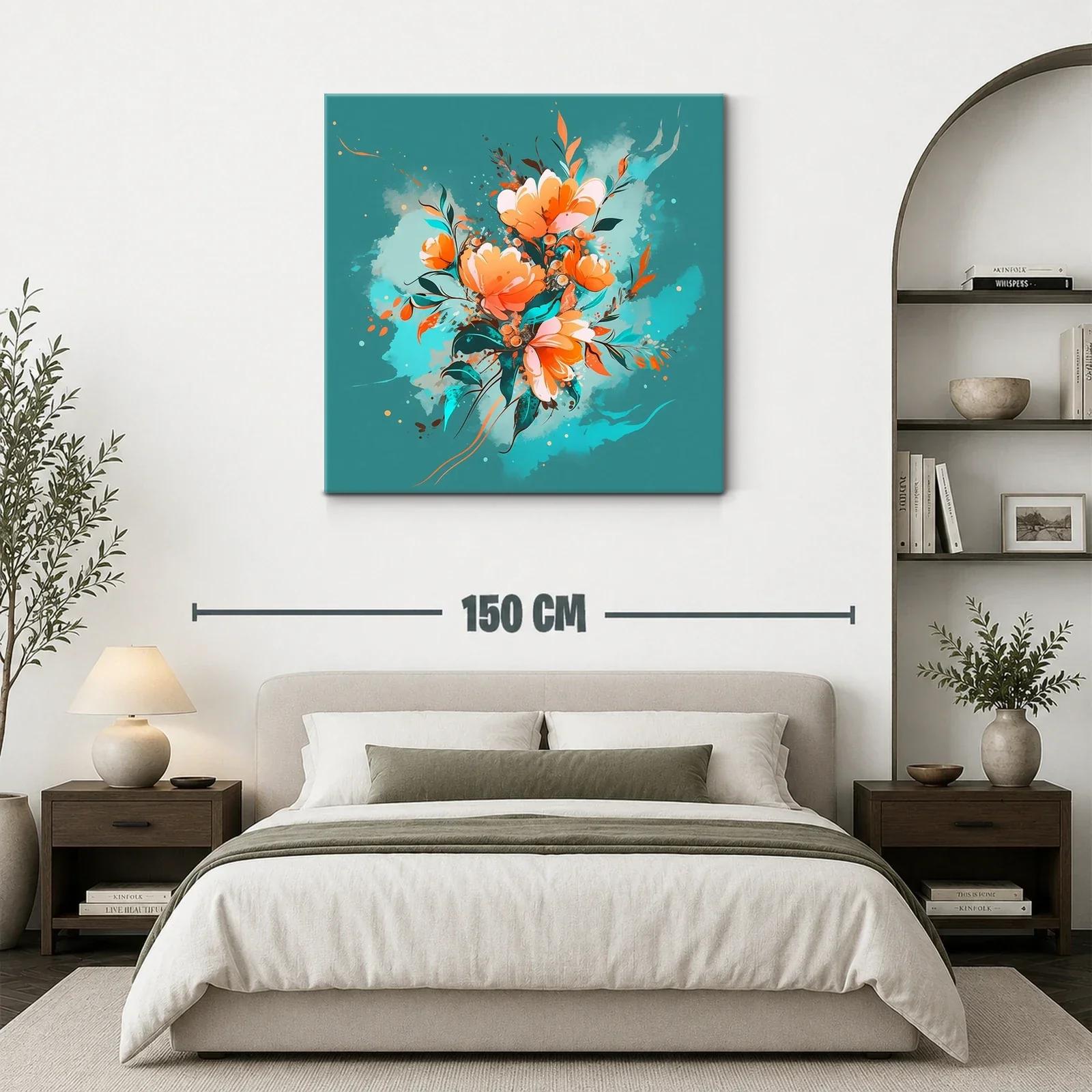 Cuadro Floral con tonos cálidos y fondo turquesa vibrante — miniatura 3