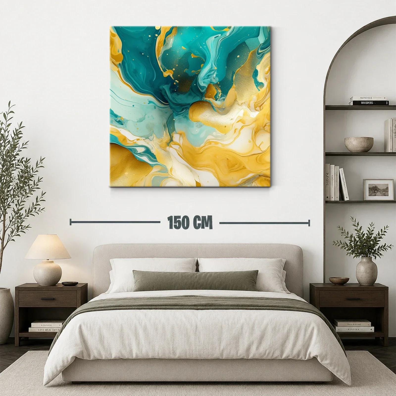 Cuadro abstracto con vibrantes tonos dorados y turquesas — miniatura 3