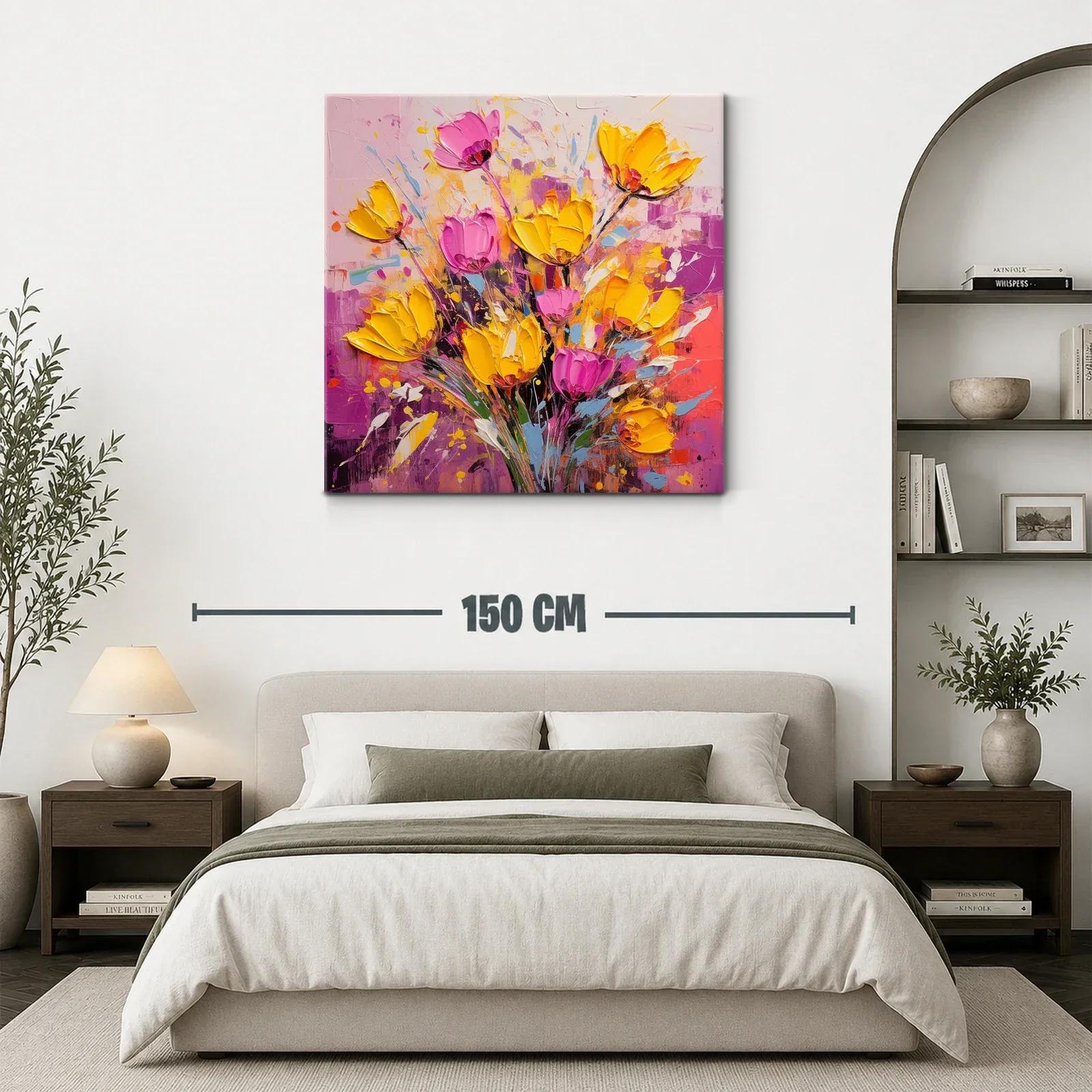 Cuadro floral vibrante con tonos amarillos y rosas intensos — miniatura 3