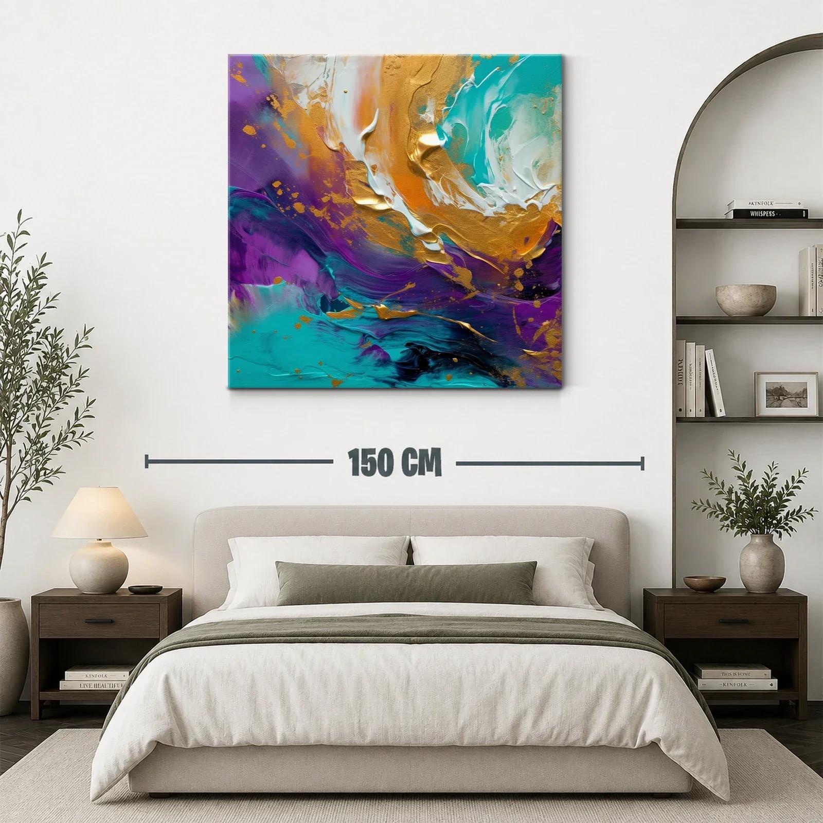 Cuadro abstracto con vibrantes tonos turquesa y dorado — miniatura 3