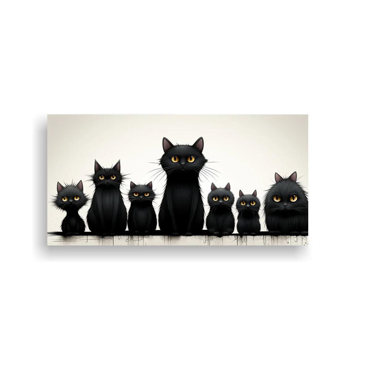 Cuadro siete gatos negros en fila horizontal