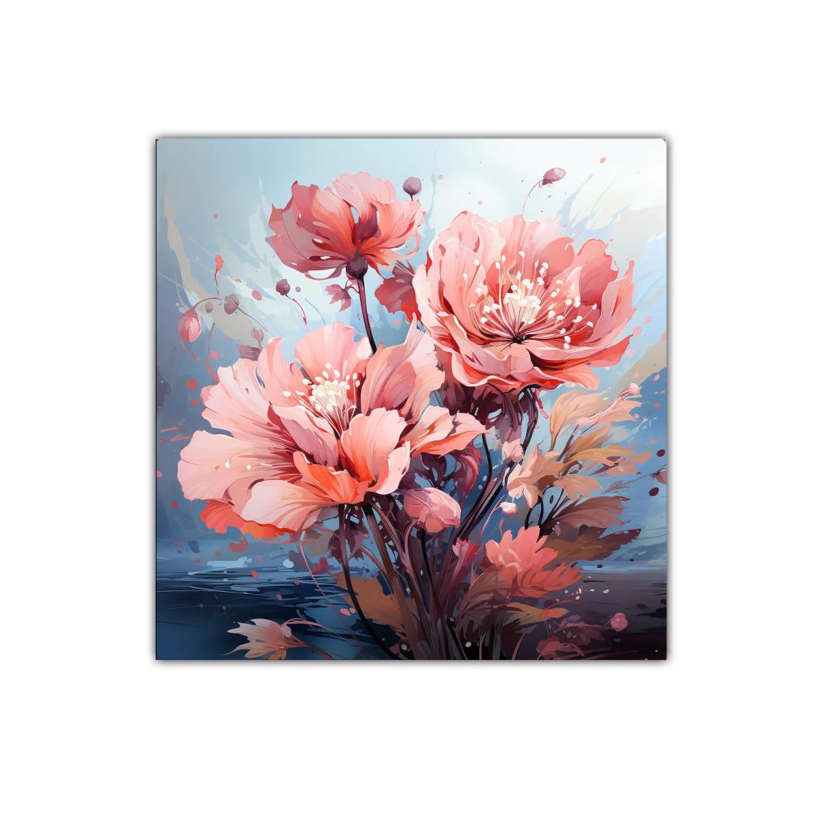 Cuadro decorativo con flores vibrantes en tonos coral y azul