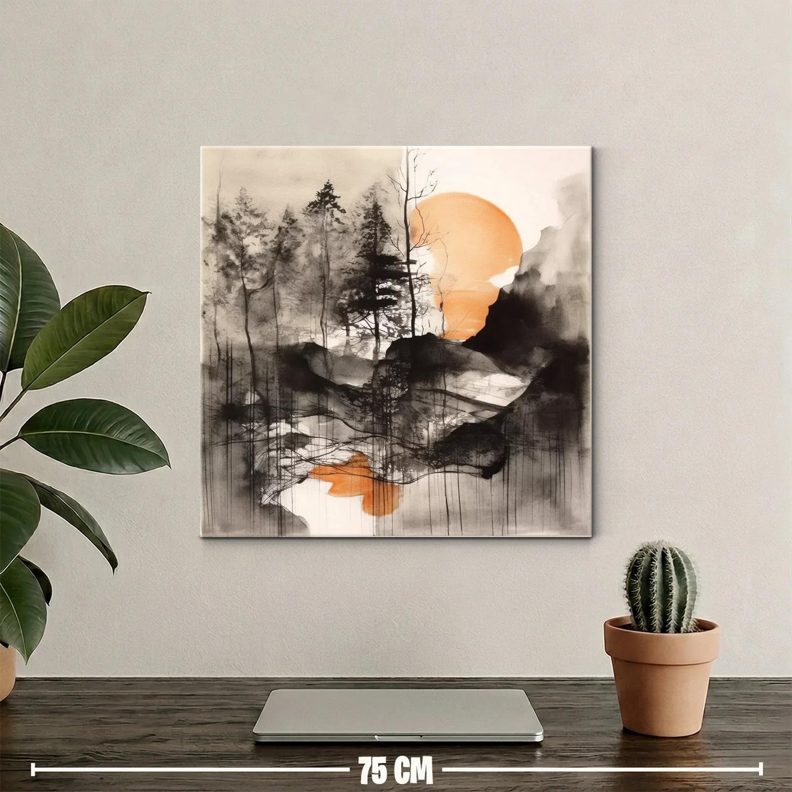 Paisaje abstracto con árboles y sol anaranjado al fondo — miniatura 2