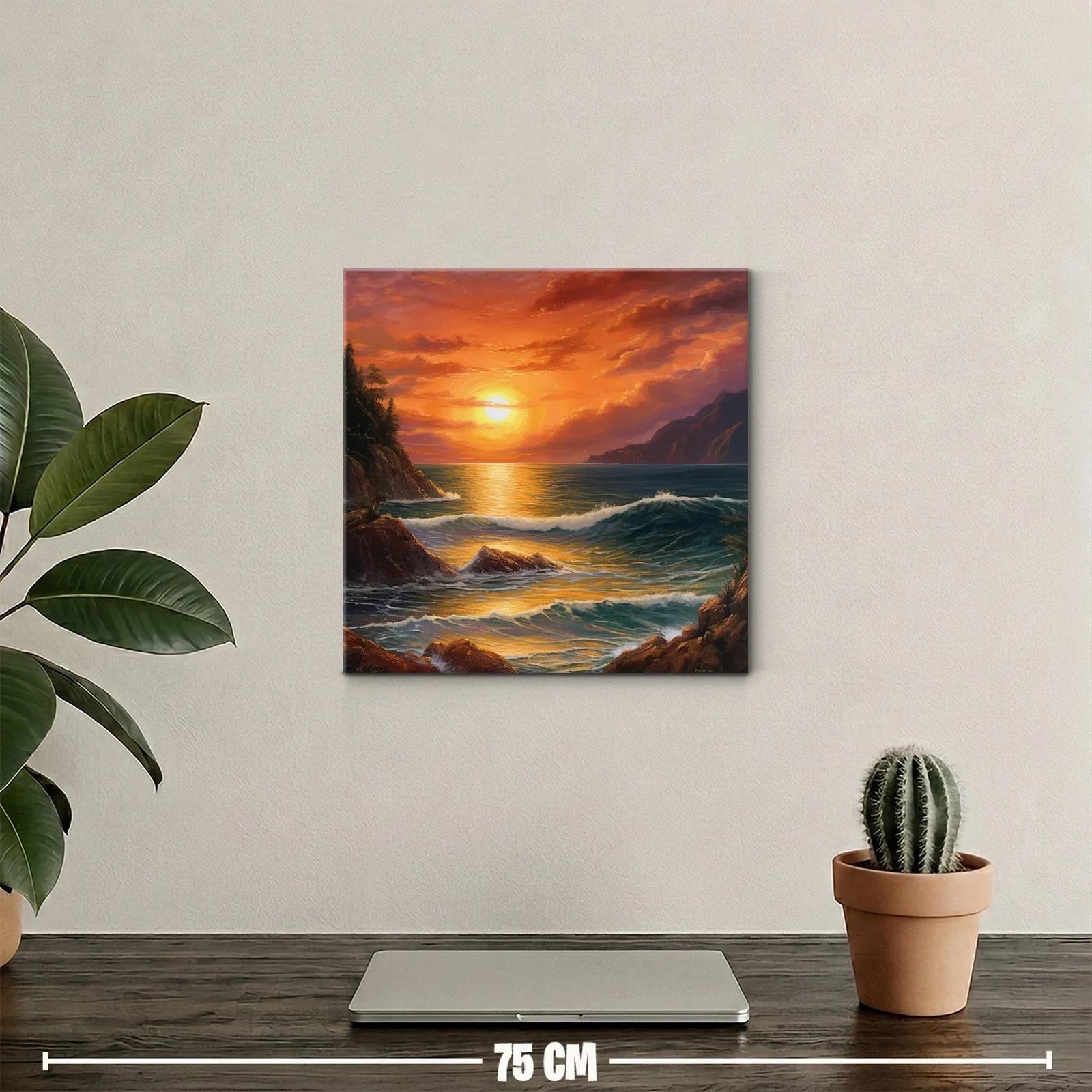 Atardecer dorado en costa con olas y rocas — miniatura 2