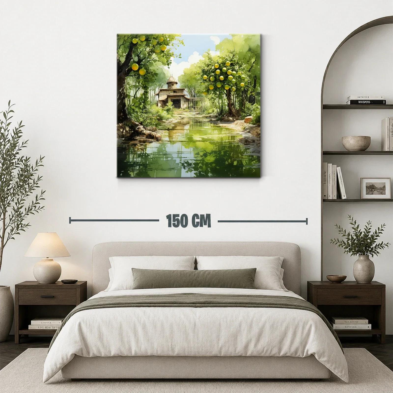 Paisaje sereno con casa y árboles frutales junto al río — miniatura 3