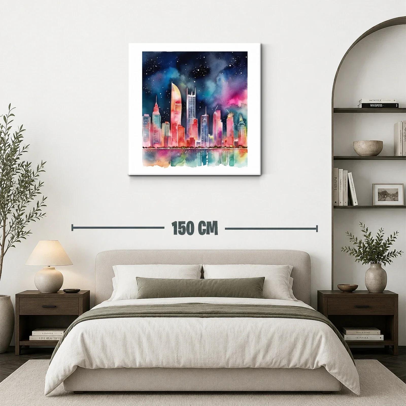 Cielo nocturno vibrante sobre ciudad iluminada con reflejos — miniatura 3