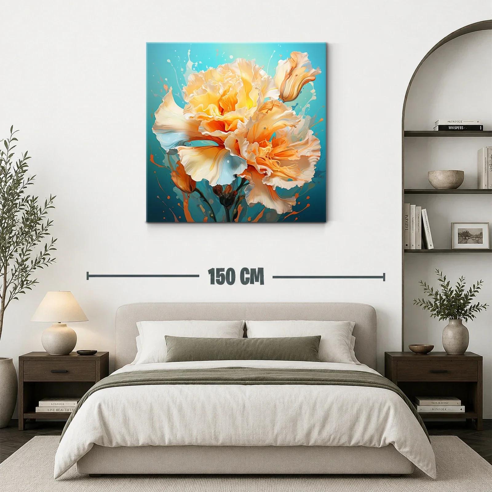 Cuadro floral vibrante en tonos cálidos y fondo azul — miniatura 3