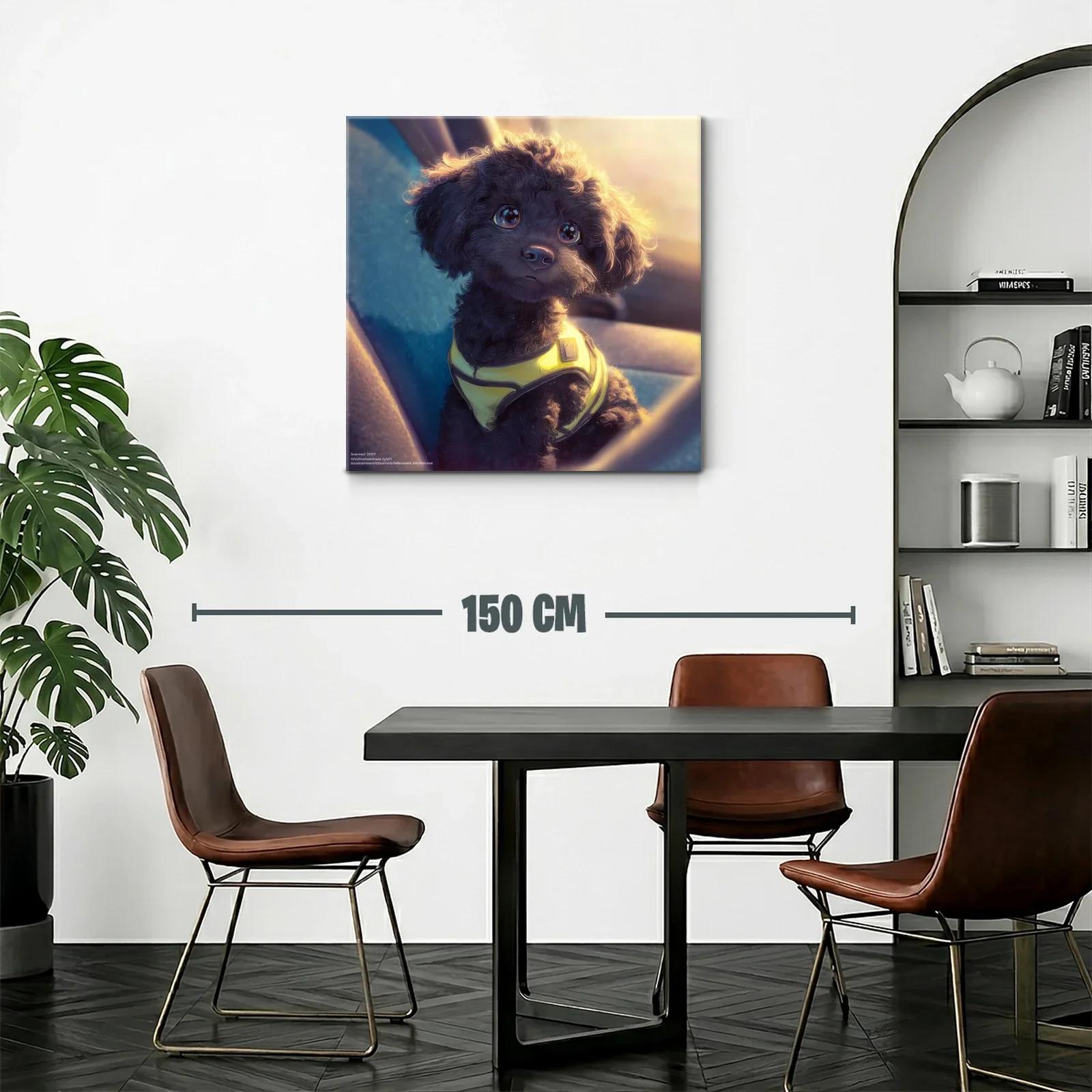 Tierno perro negro con arnés amarillo al atardecer — miniatura 2
