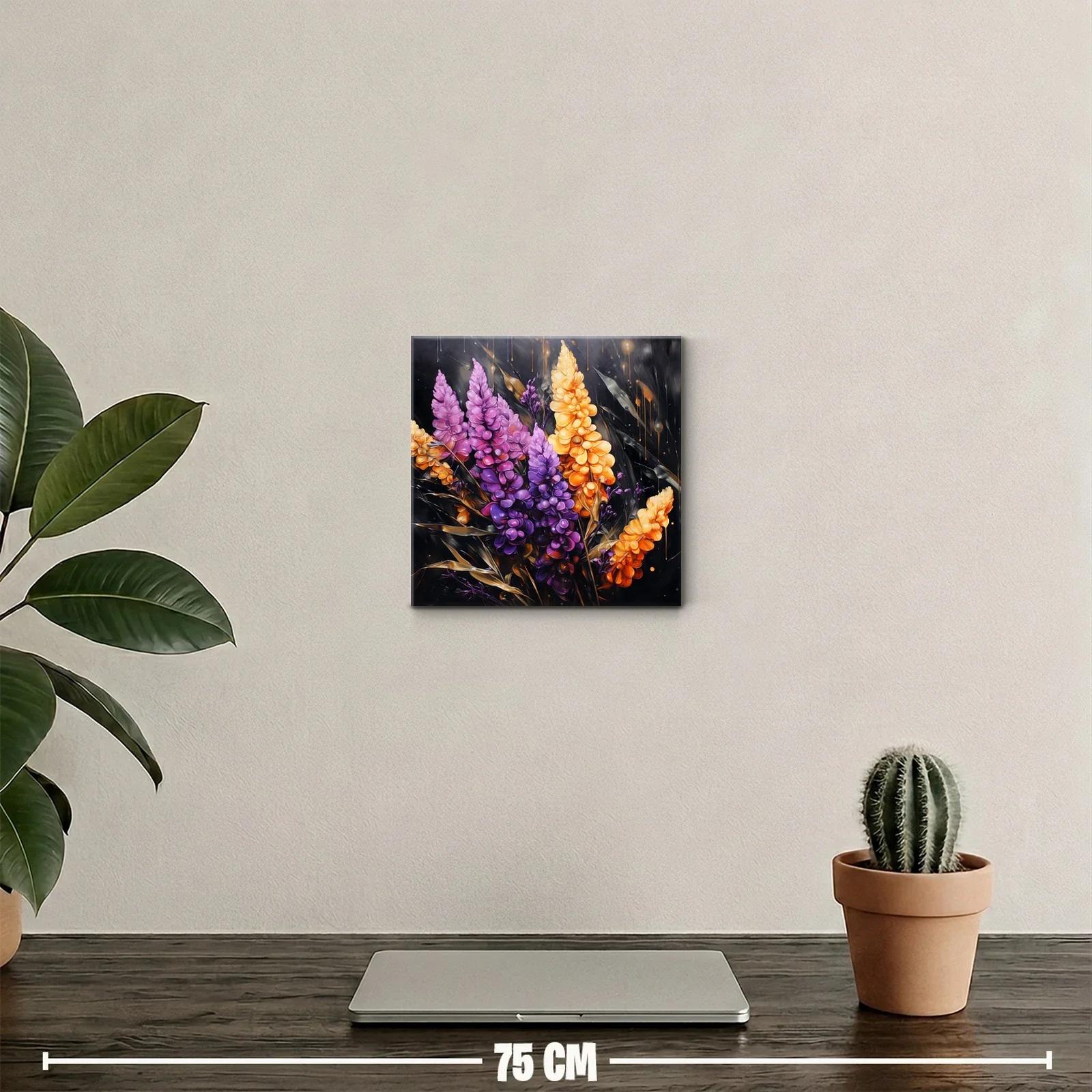 Cuadro decorativo de flores vibrantes en tonos morado y naranja — miniatura 2