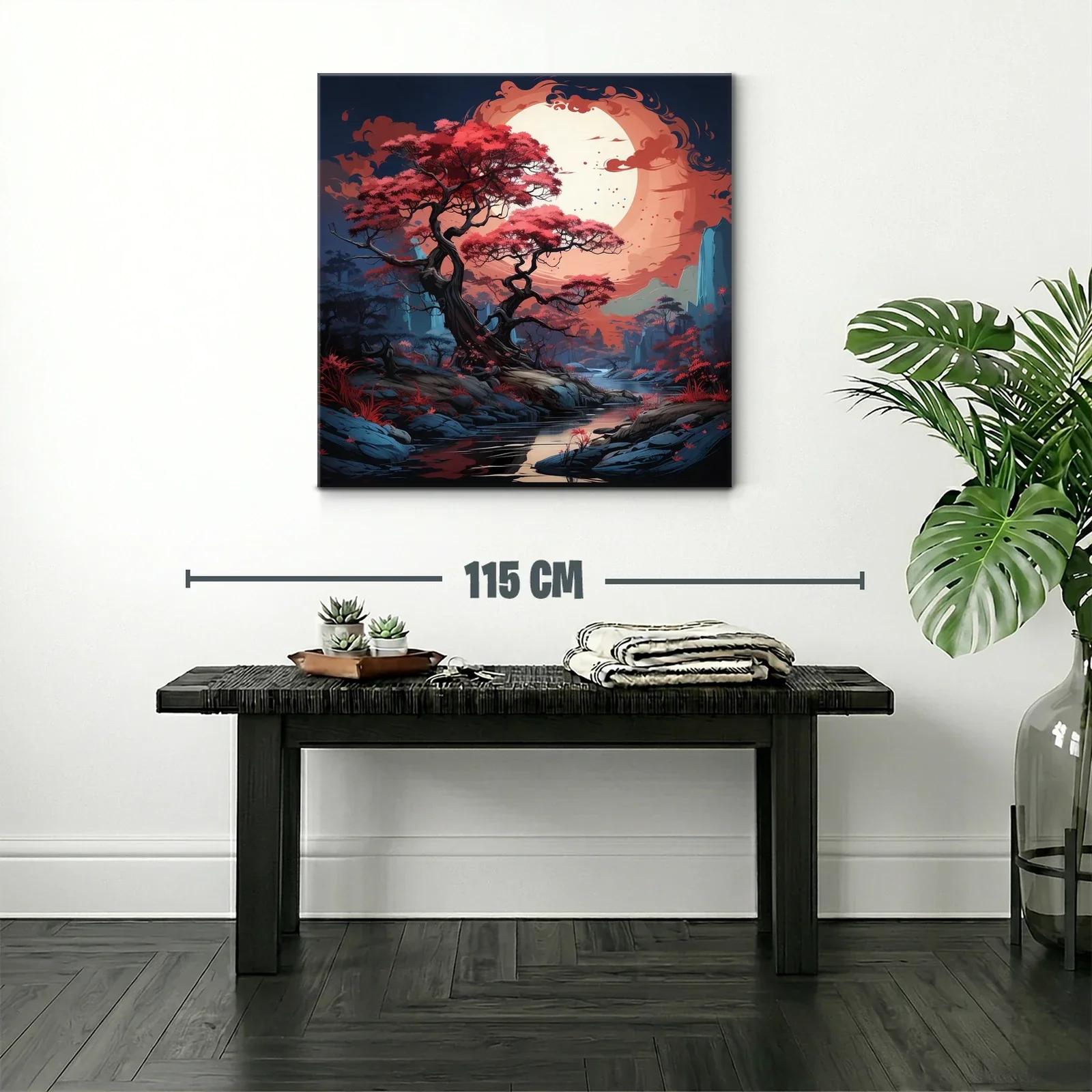 Paisaje mágico con árbol rojo bajo una luna enorme — miniatura 2