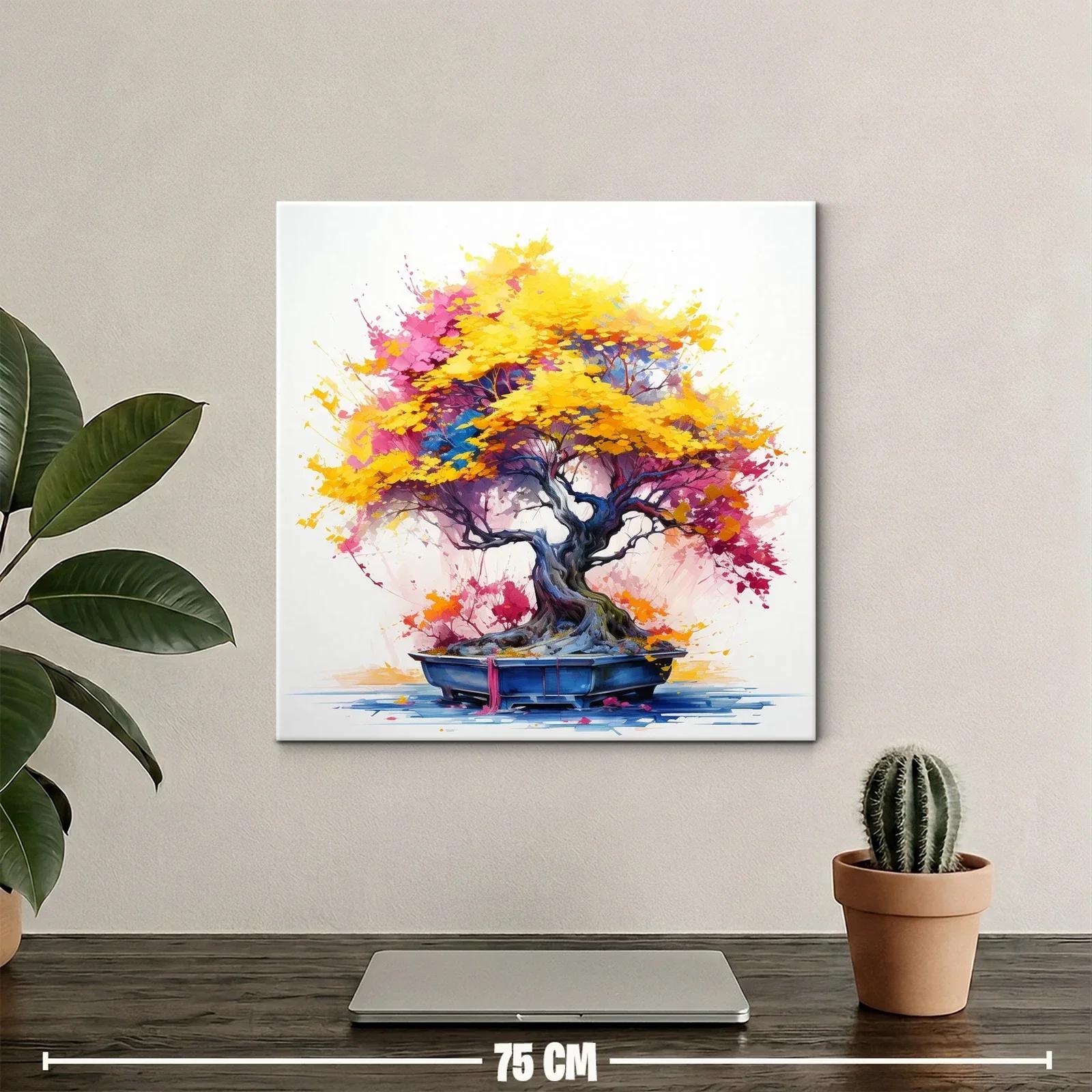 Árbol de bonsái con vibrantes hojas otoñales en amarillo y rosa — miniatura 2