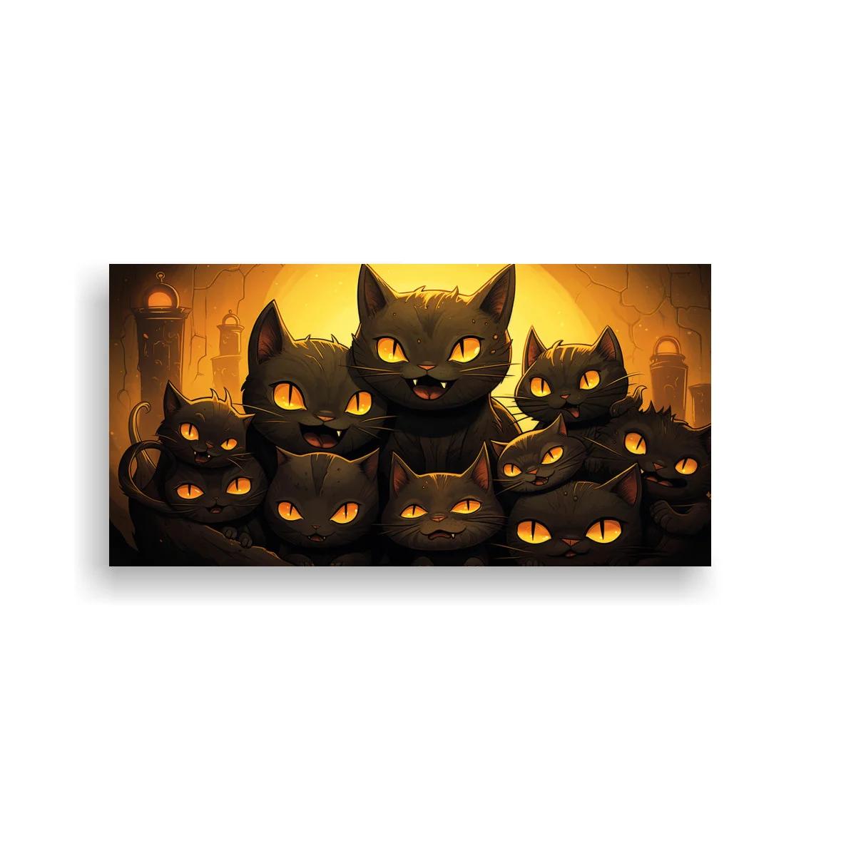 Cuadro grupo de gatos negros con luna y torres