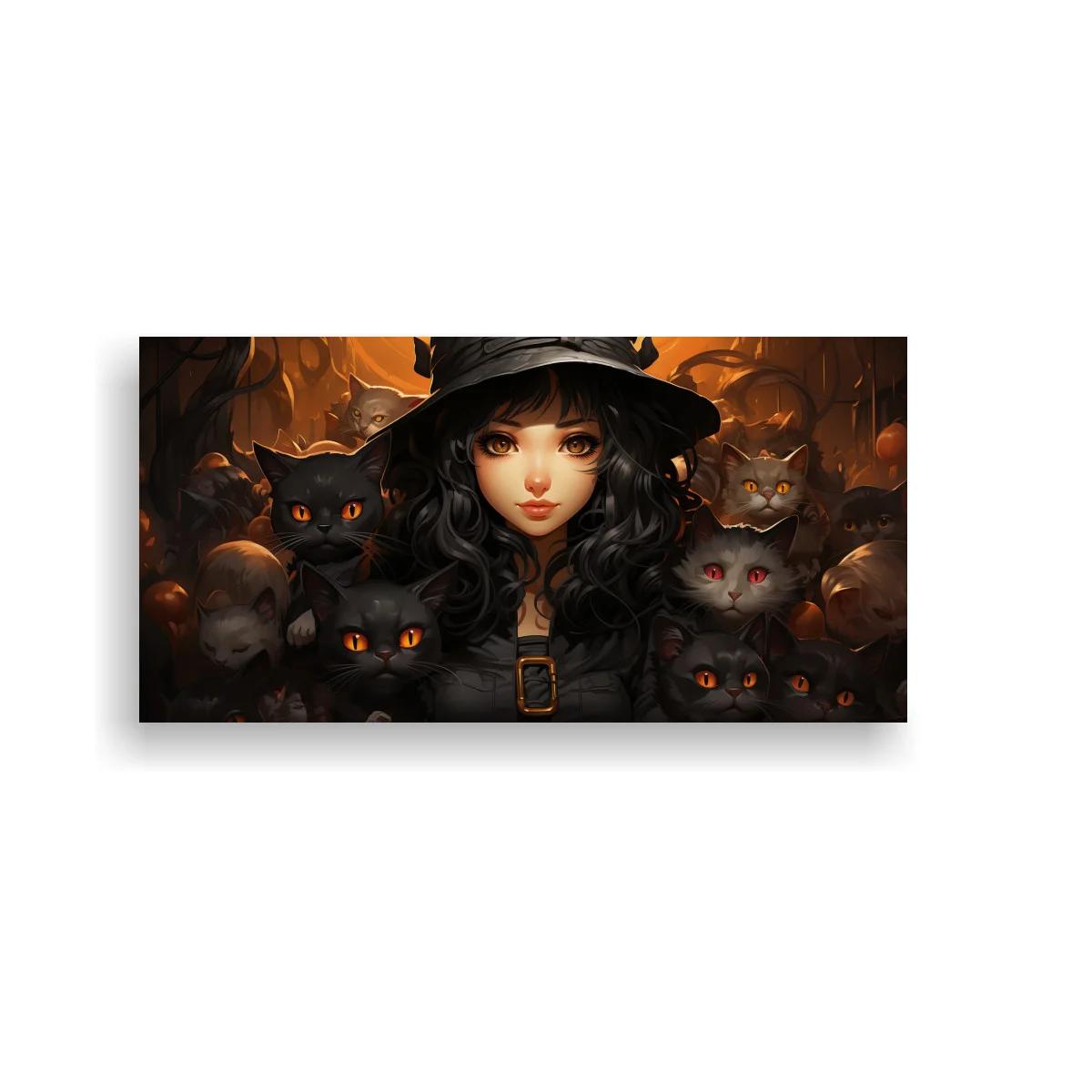 Cuadro bruja joven con gatos grises y sombrero negro — imagen principal
