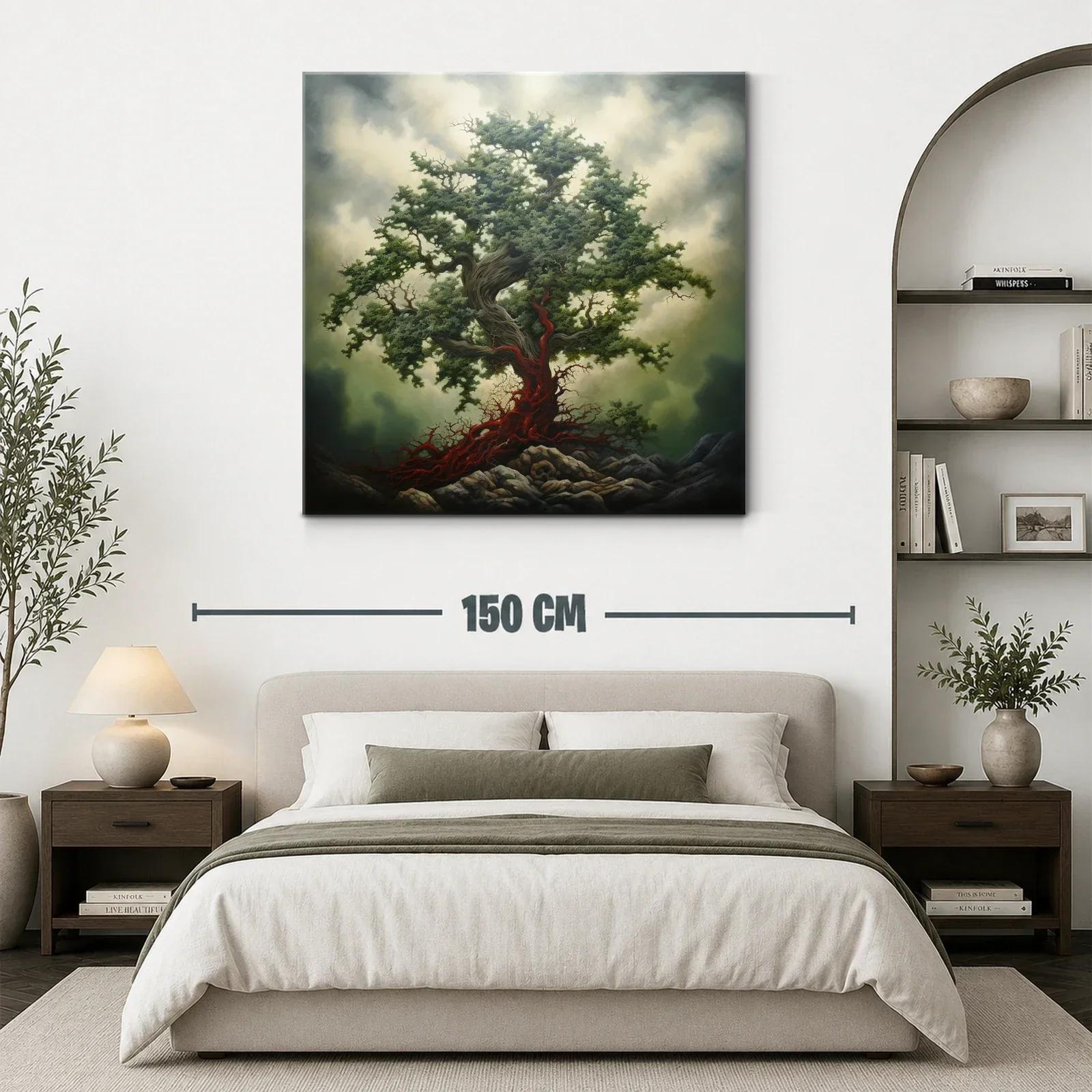 Árbol Imponente con Raíces Escarlata en Paisaje Dramático — miniatura 3