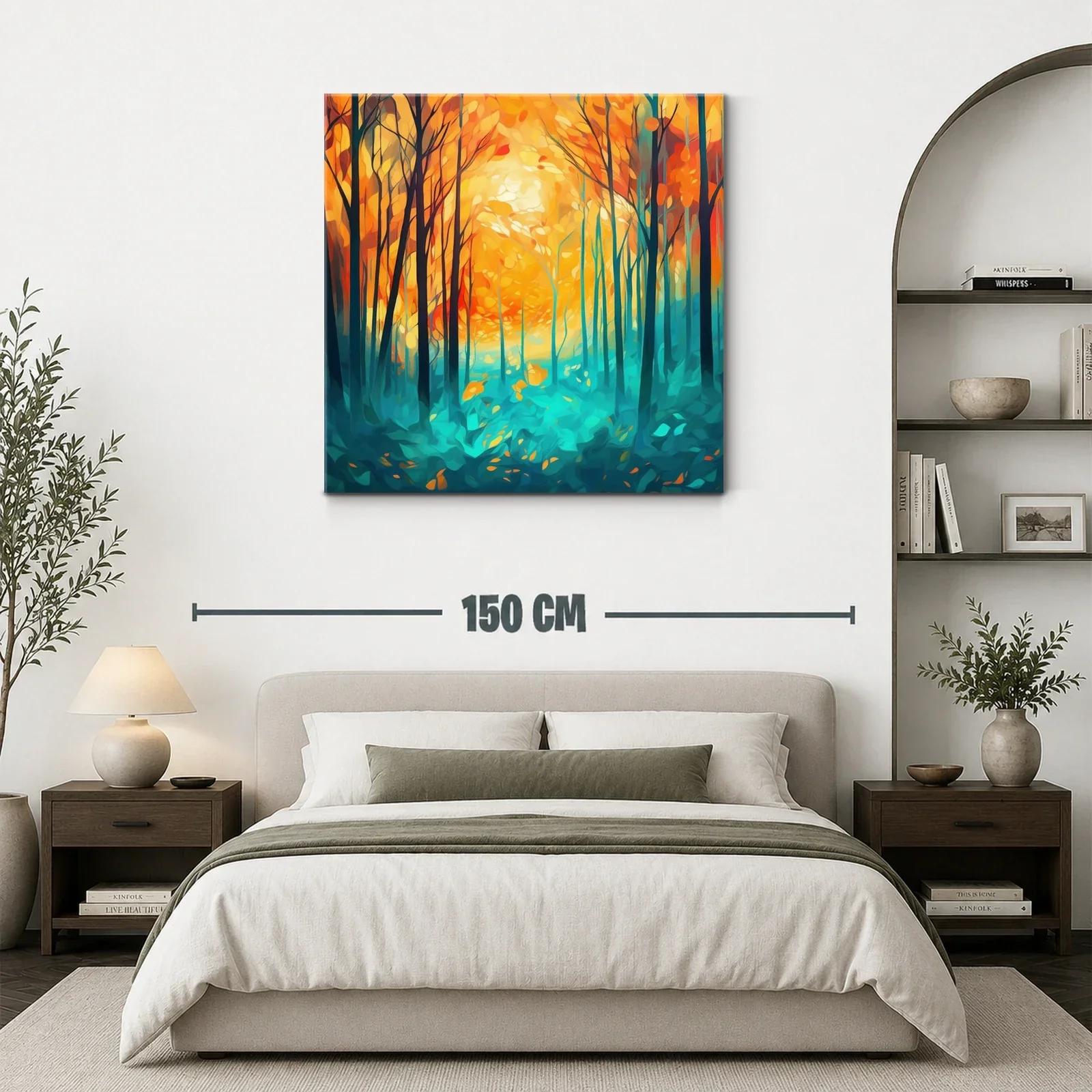 Bosque vibrante con árboles al amanecer en tonos cálidos — miniatura 3