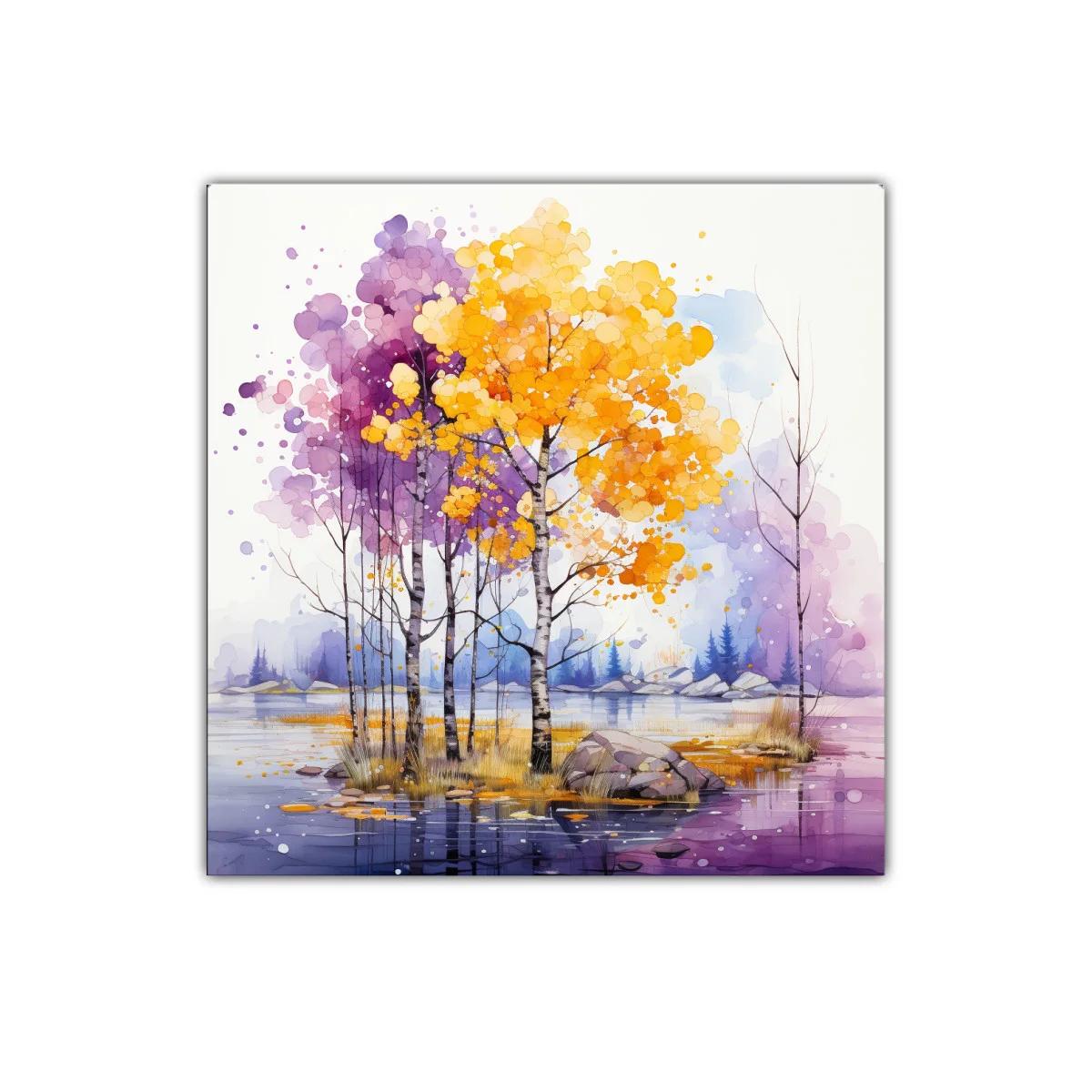 Paisaje sereno con árboles en tonos morados y amarillos — miniatura 1