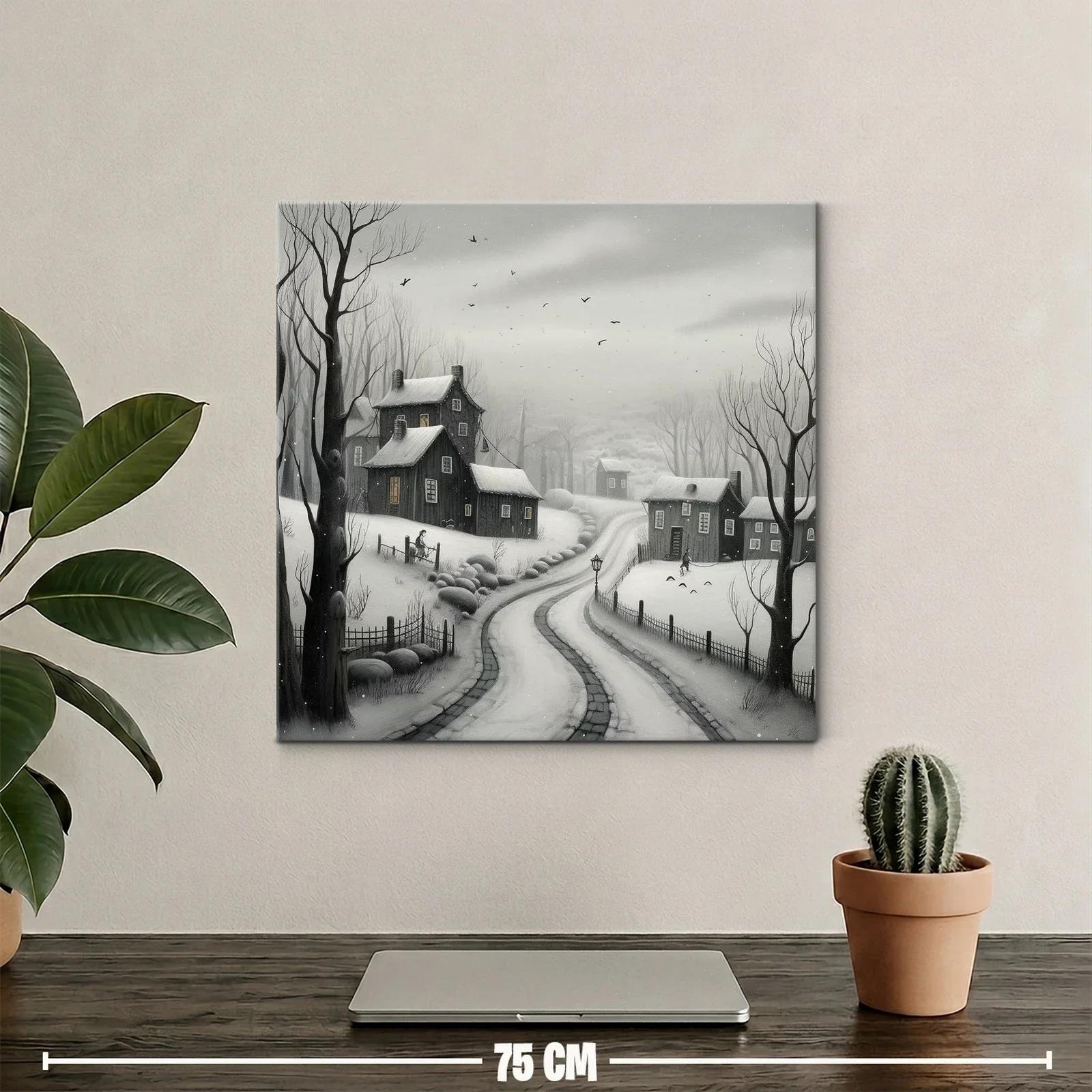 Paisaje invernal con casas y camino nevado en tonos grisáceos — miniatura 2