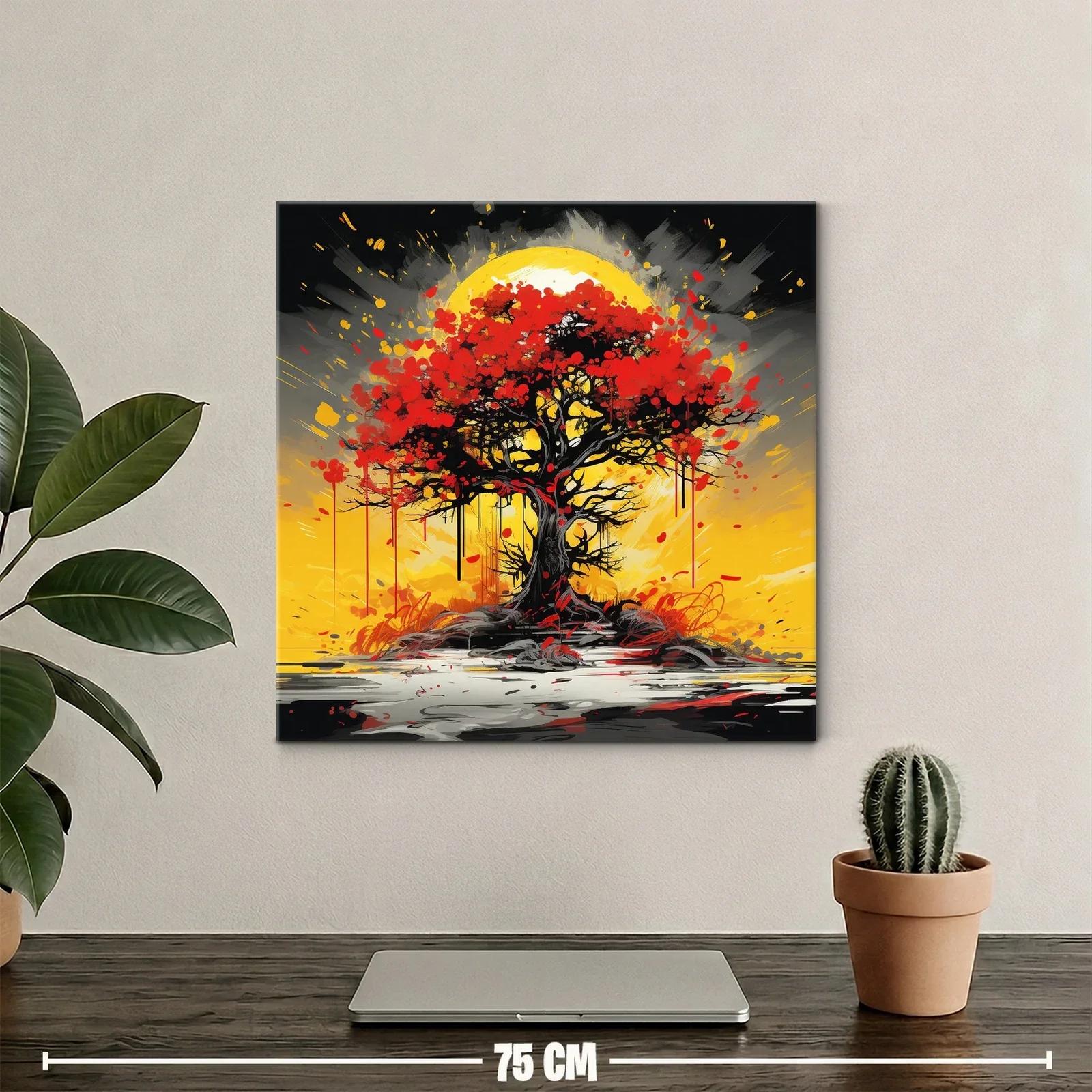 Árbol rojo vibrante con fondo amarillo intenso — miniatura 2