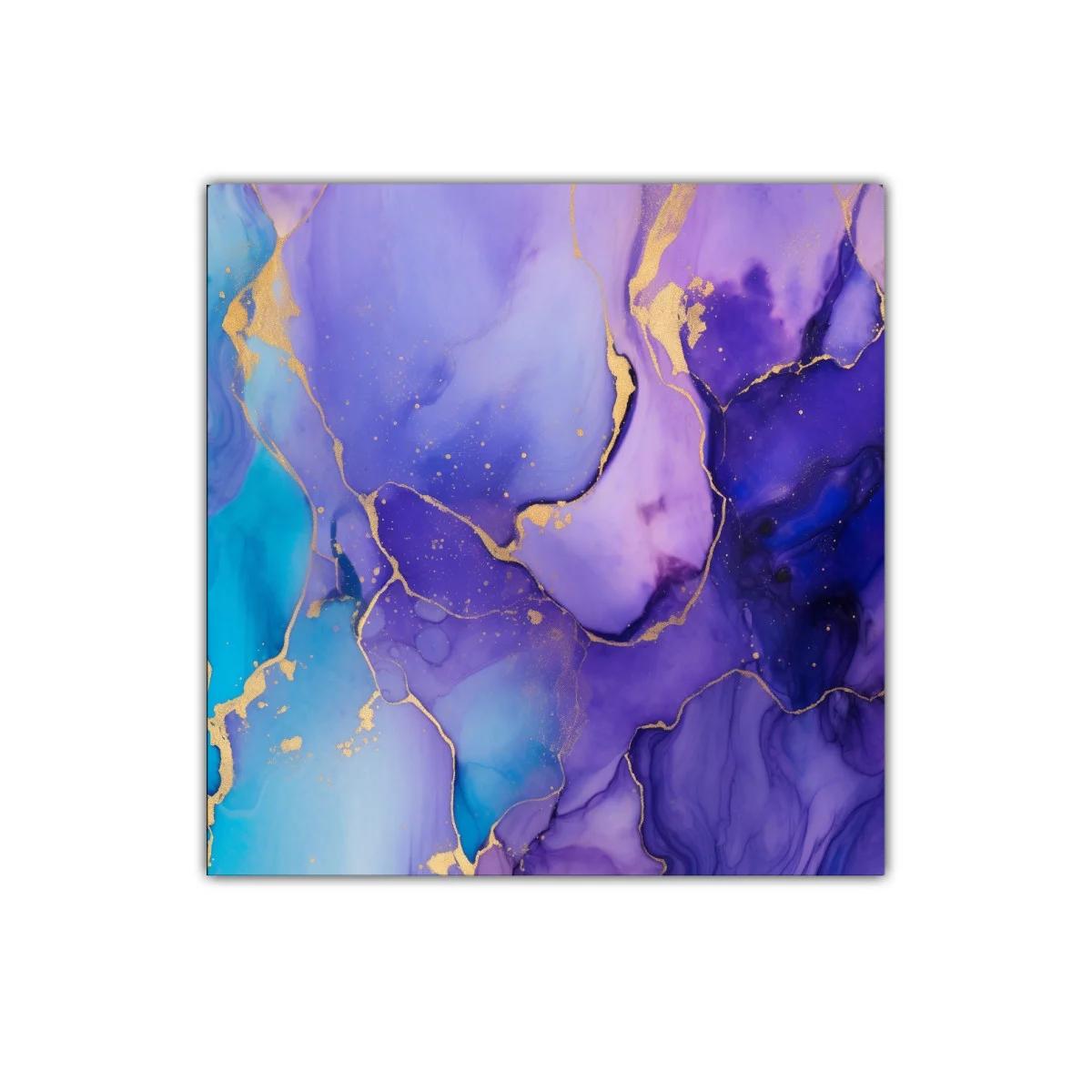 Cuadro abstracto con tonos violetas y detalles dorados vibrantes — miniatura 1