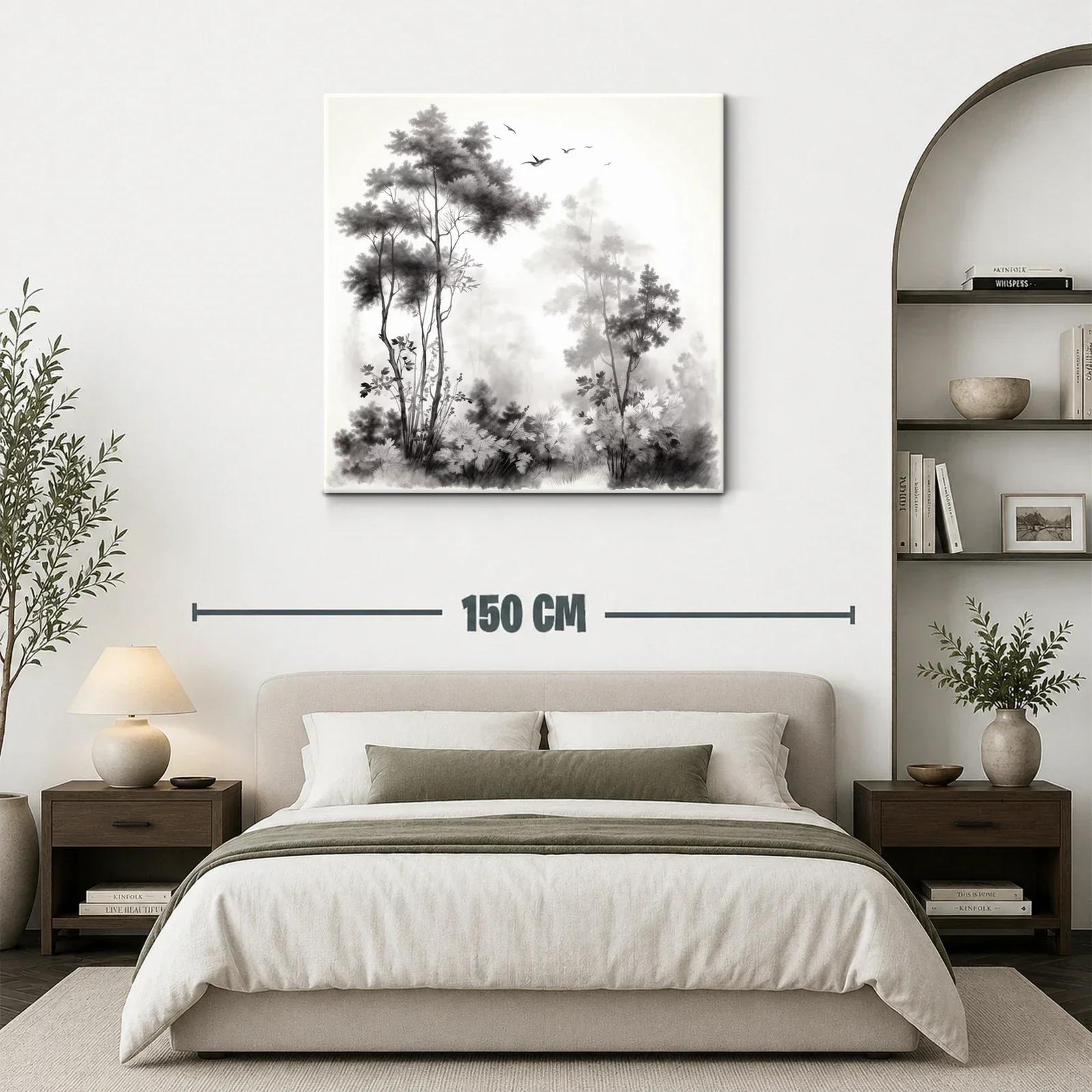Paisaje sereno con árboles y aves en tonos neutros — miniatura 3
