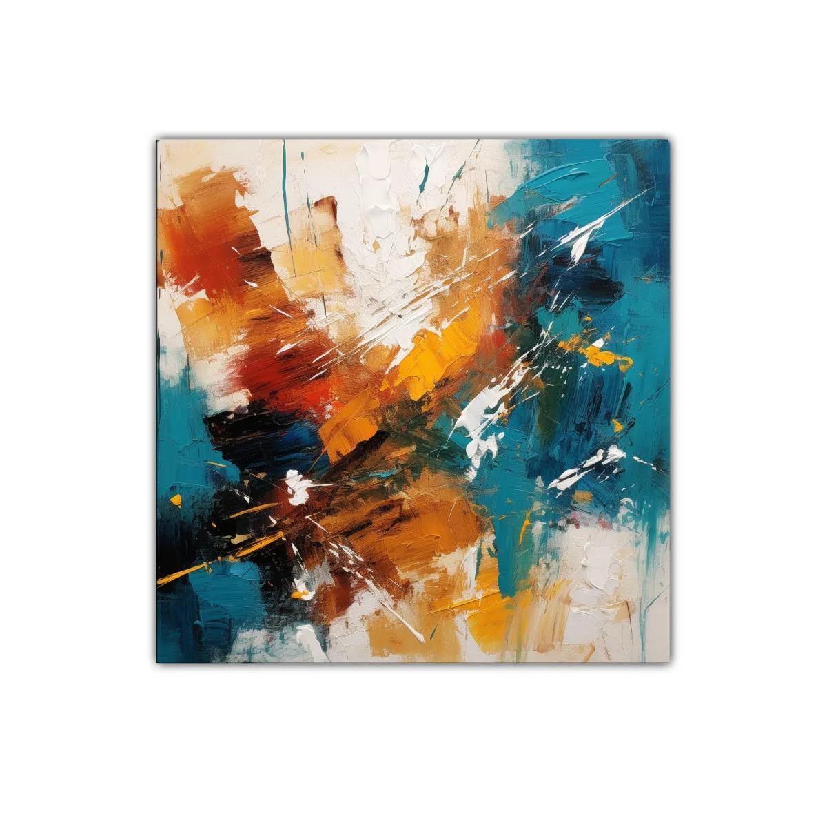Cuadro abstracto con tonos cálidos y azul turquesa vibrante — imagen principal