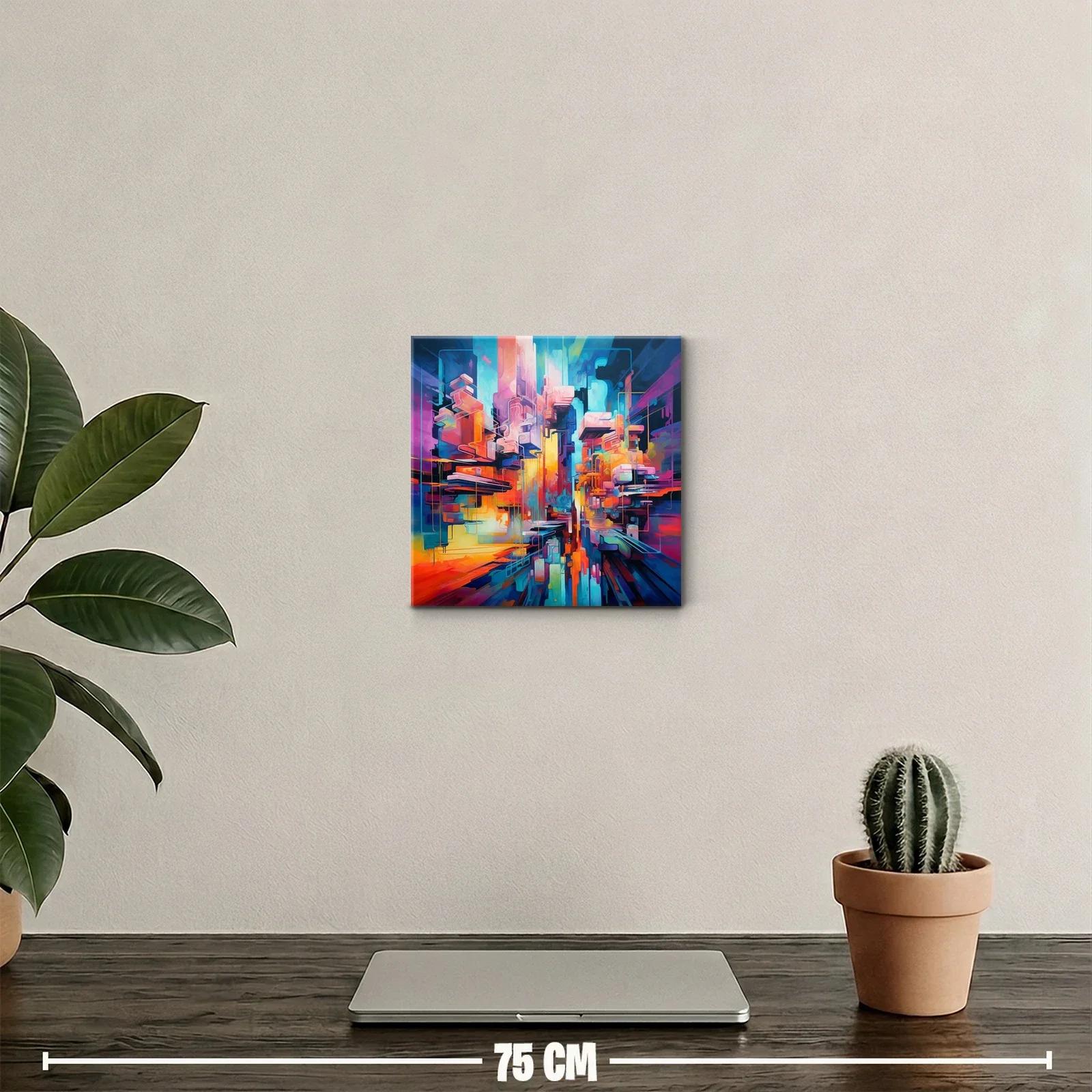 Cuadro abstracto con vibrante ciudad futurista en colores vivos — miniatura 2