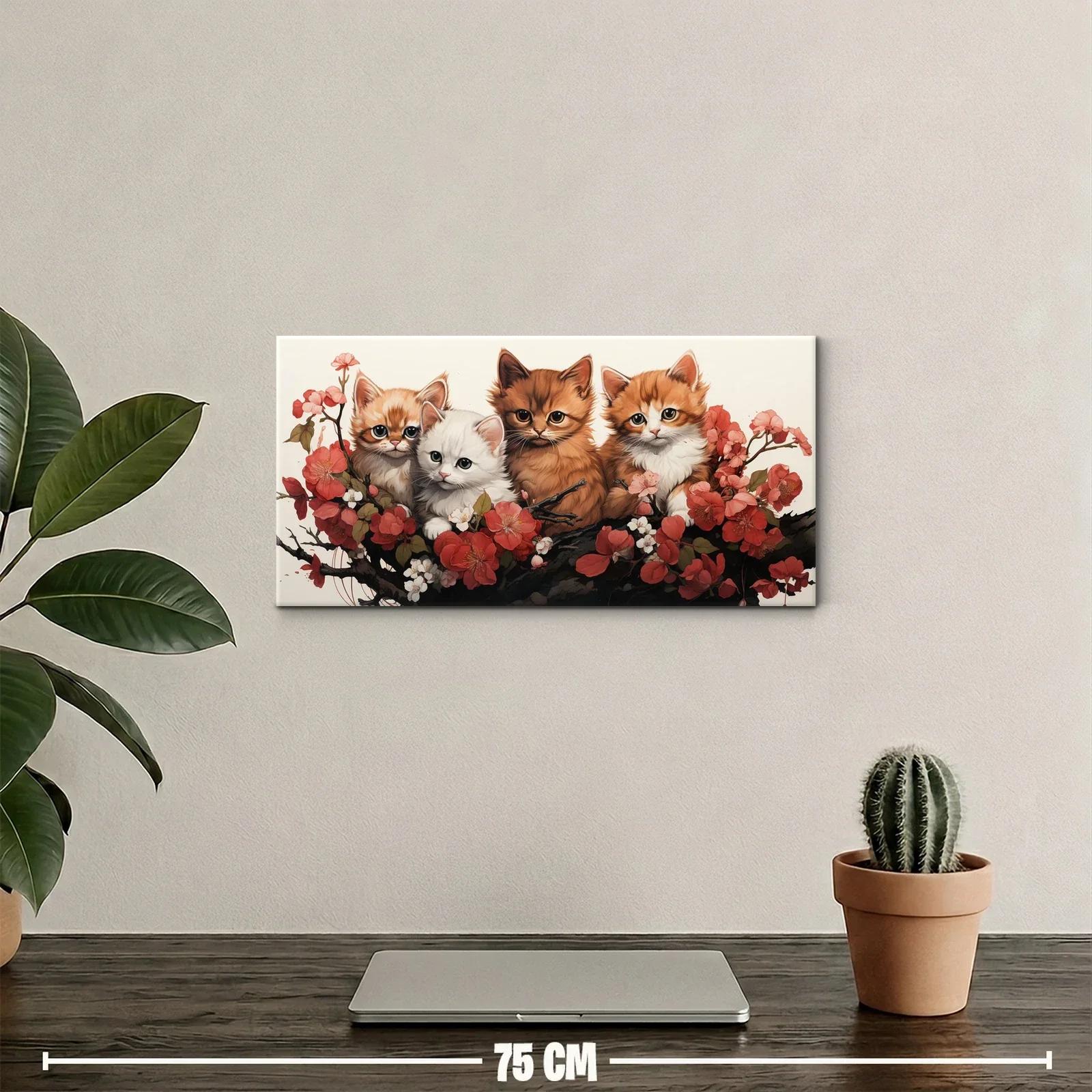 Cuadro cuatro gatitos entre flores rojas — miniatura 2