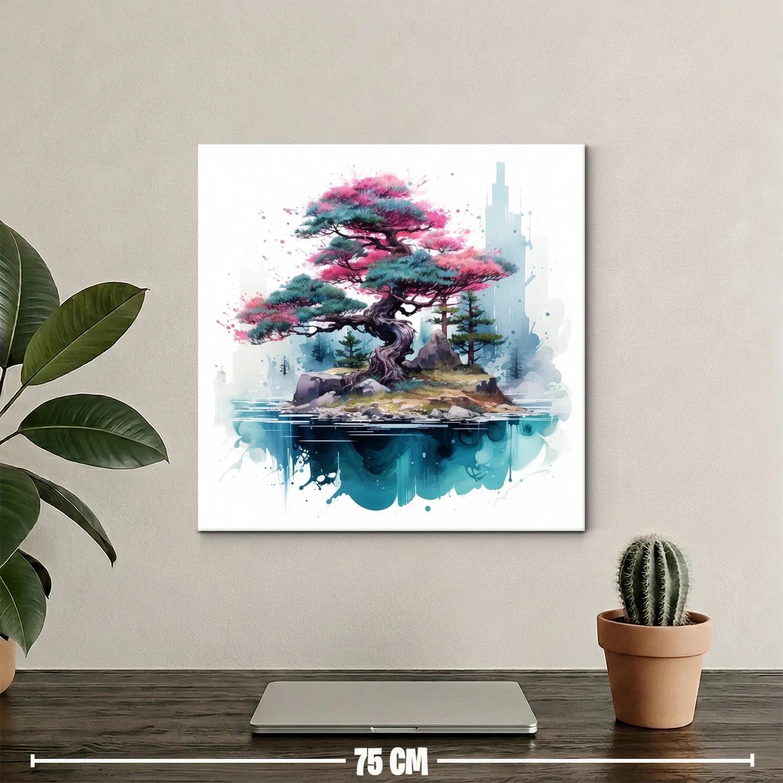 Árbol bonsái en isla flotante con tonos rosas y azules — miniatura 2